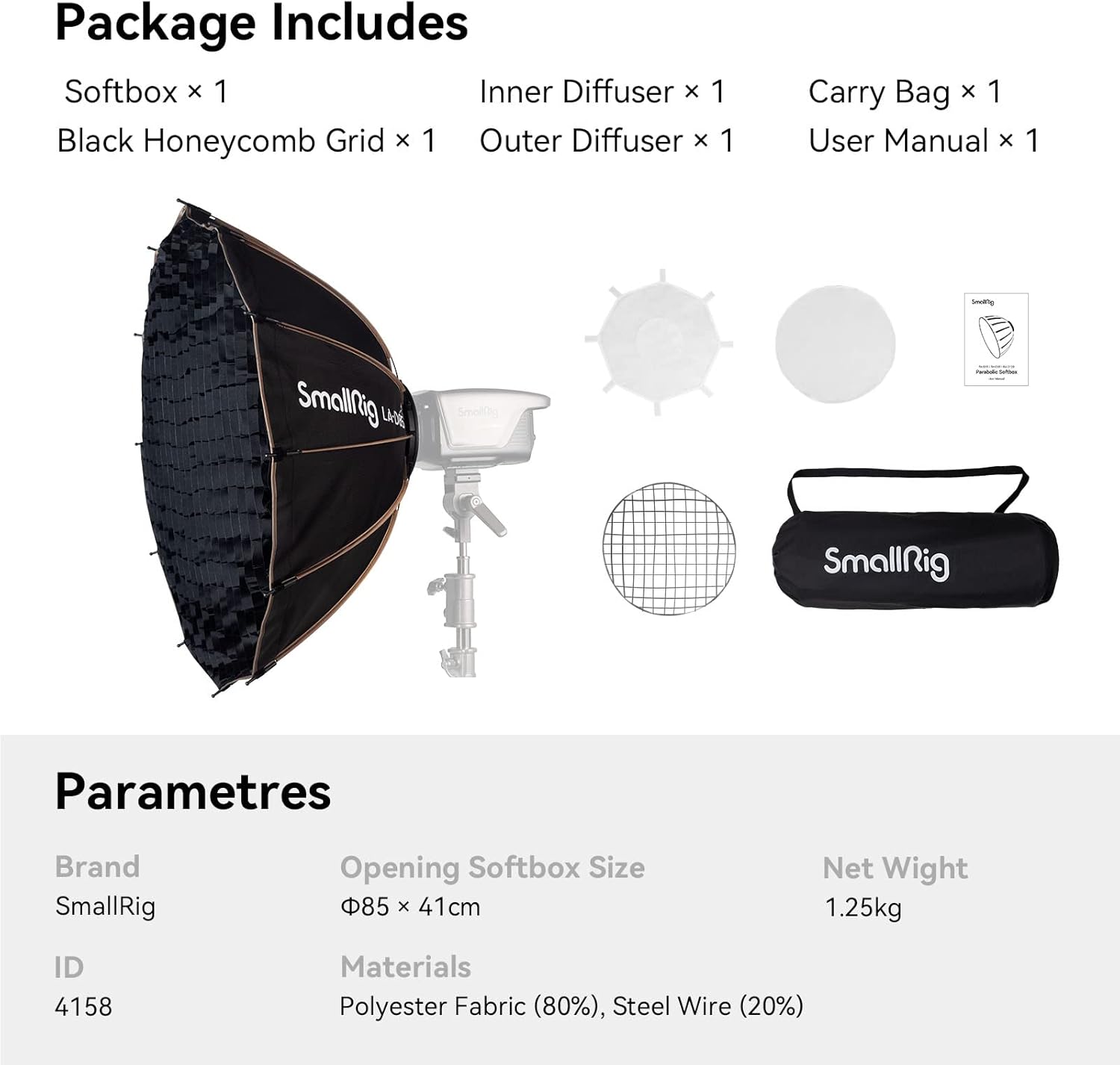 Thumbnail 6 de SMALLRIG Parabolic Softbox 85 cm à fixation rapide Quick Release pour Bowens Mount COB (LA-D85-4158)