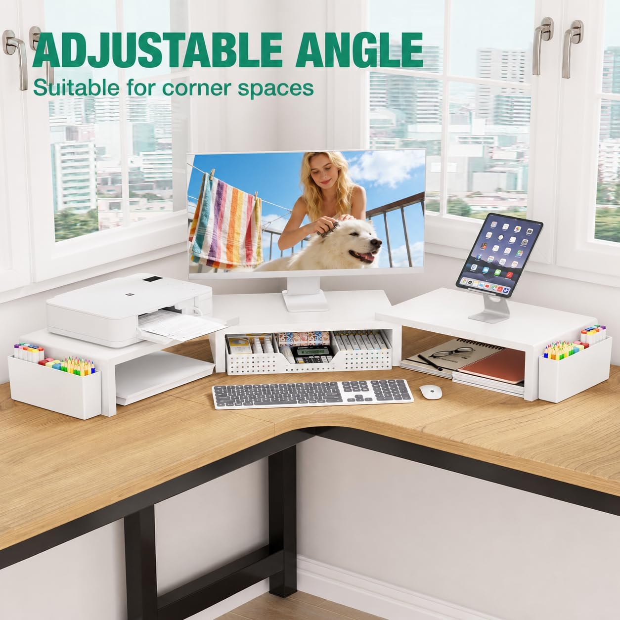 Thumbnail 6 de OPNICE Desk Organizer Monitor Stand with Drawer, 2 Pen Holders, White