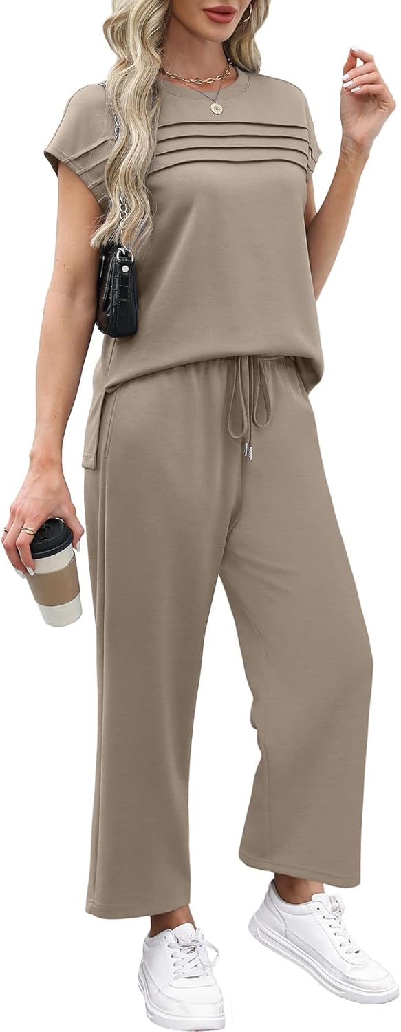 Detalle 2 de WIHOLL Two-Piece Cap Sleeve Lounge Set with Wide-Leg Crop Pants (S–3XL)
