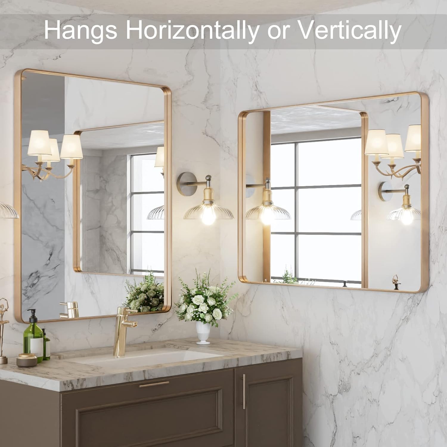 Thumbnail 3 de LOAAO 28”x36” Gold Bathroom Mirror with Rounded Rectangle Frame