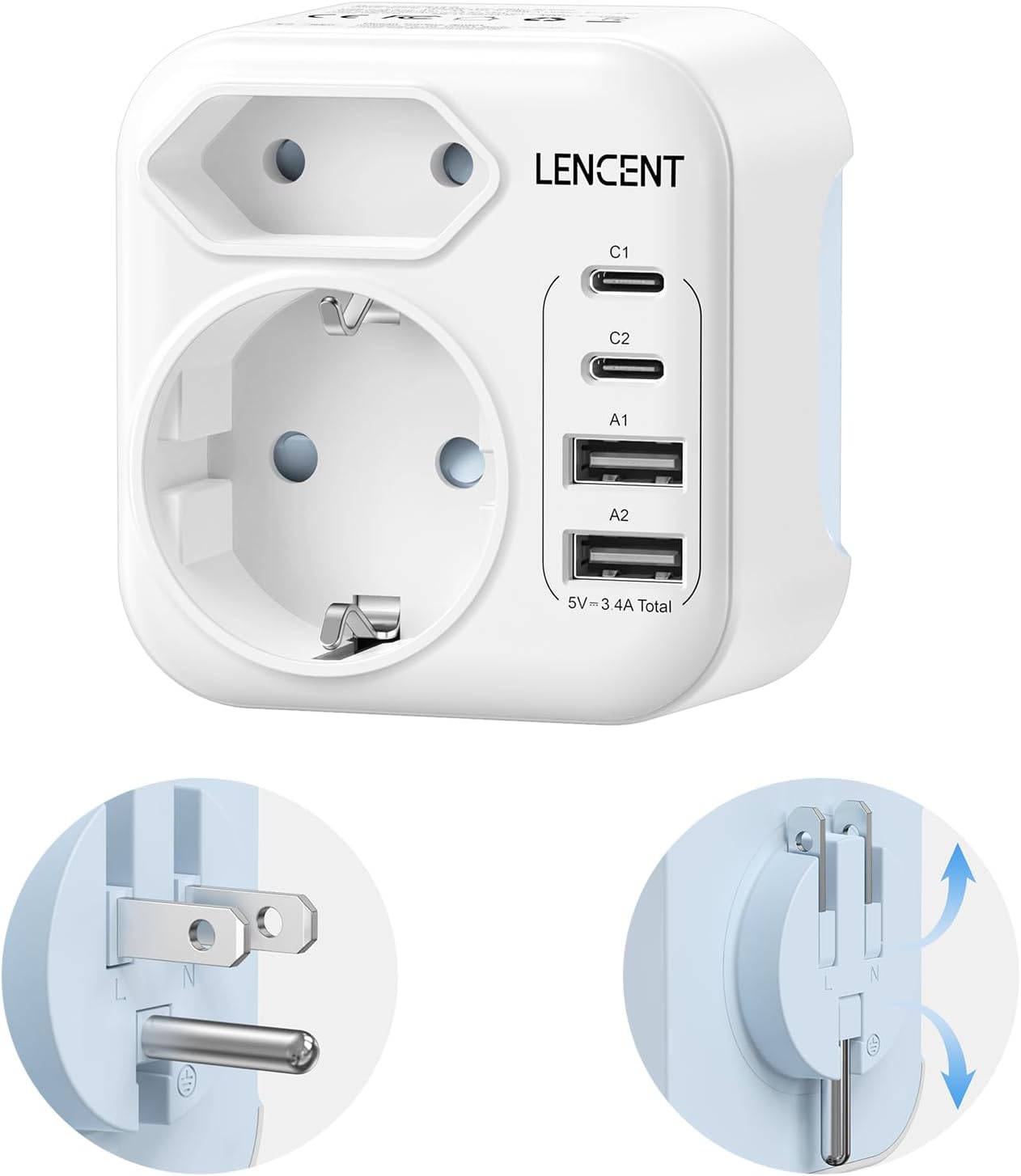 LENCENT Reisestecker USA–DE mit 2x USB‑C, 2x USB‑A 🔌