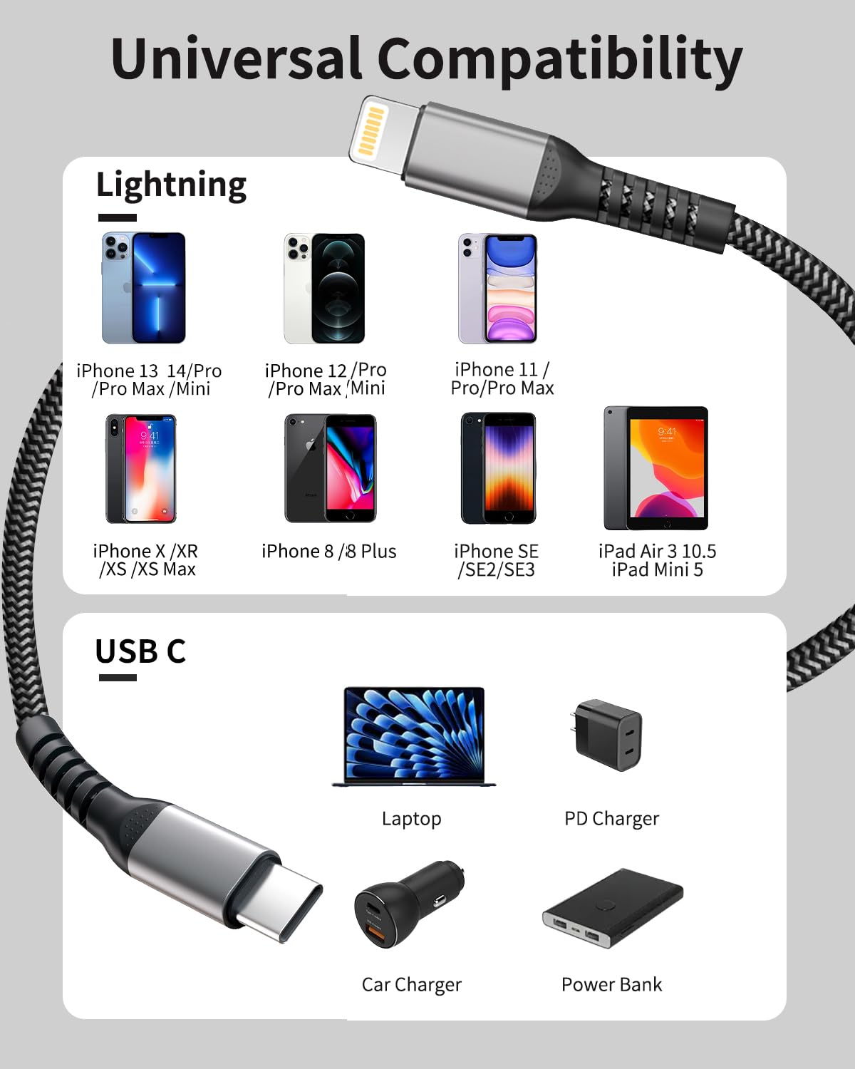 Thumbnail 6 de Câble USB-C vers Lightning 3 m MFi, nylon tressé (charge rapide & transfert jusqu’à 480 Mbit/s) pour iPhone iPad