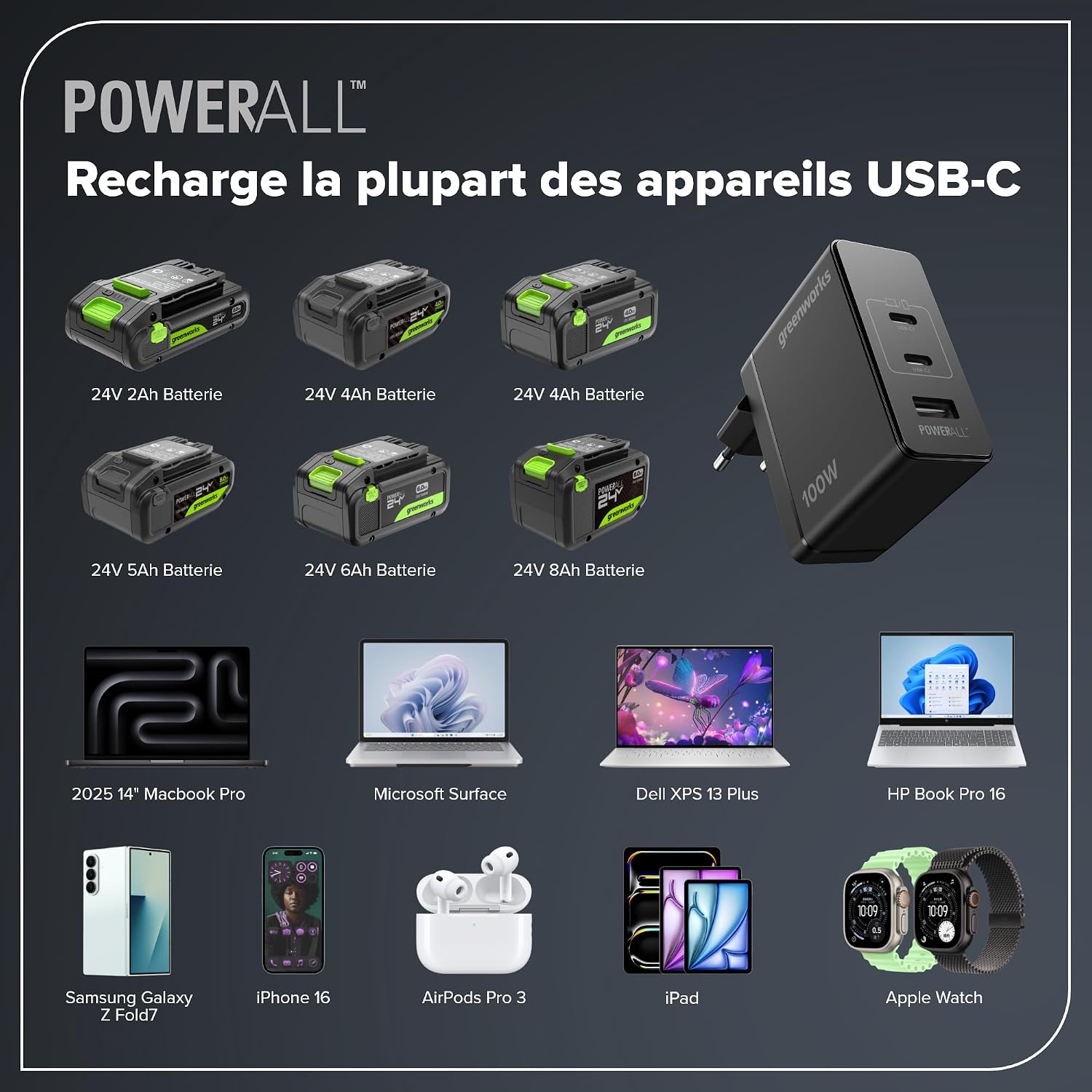 Detalle de Greenworks Chargeur USB-C 100 W PPS – Ultra-compact et polyvalent pour MacBook, iPhone et plus