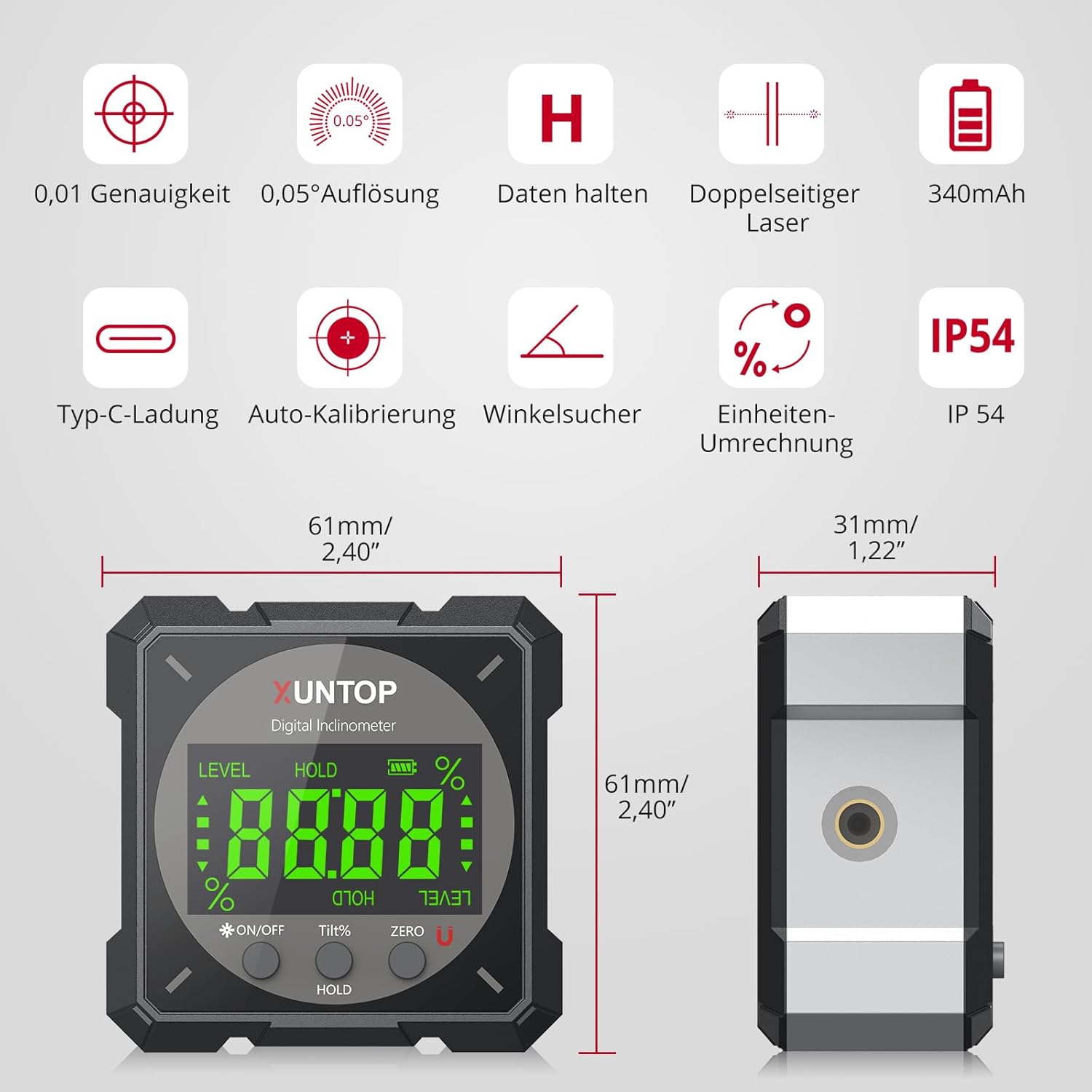 Thumbnail 1 de XUNTOP Digitaler Winkelmesser Neigungsmesser mit Laser-Wasserwaage und LCD-Display – IP54, magnetisch, USB-C