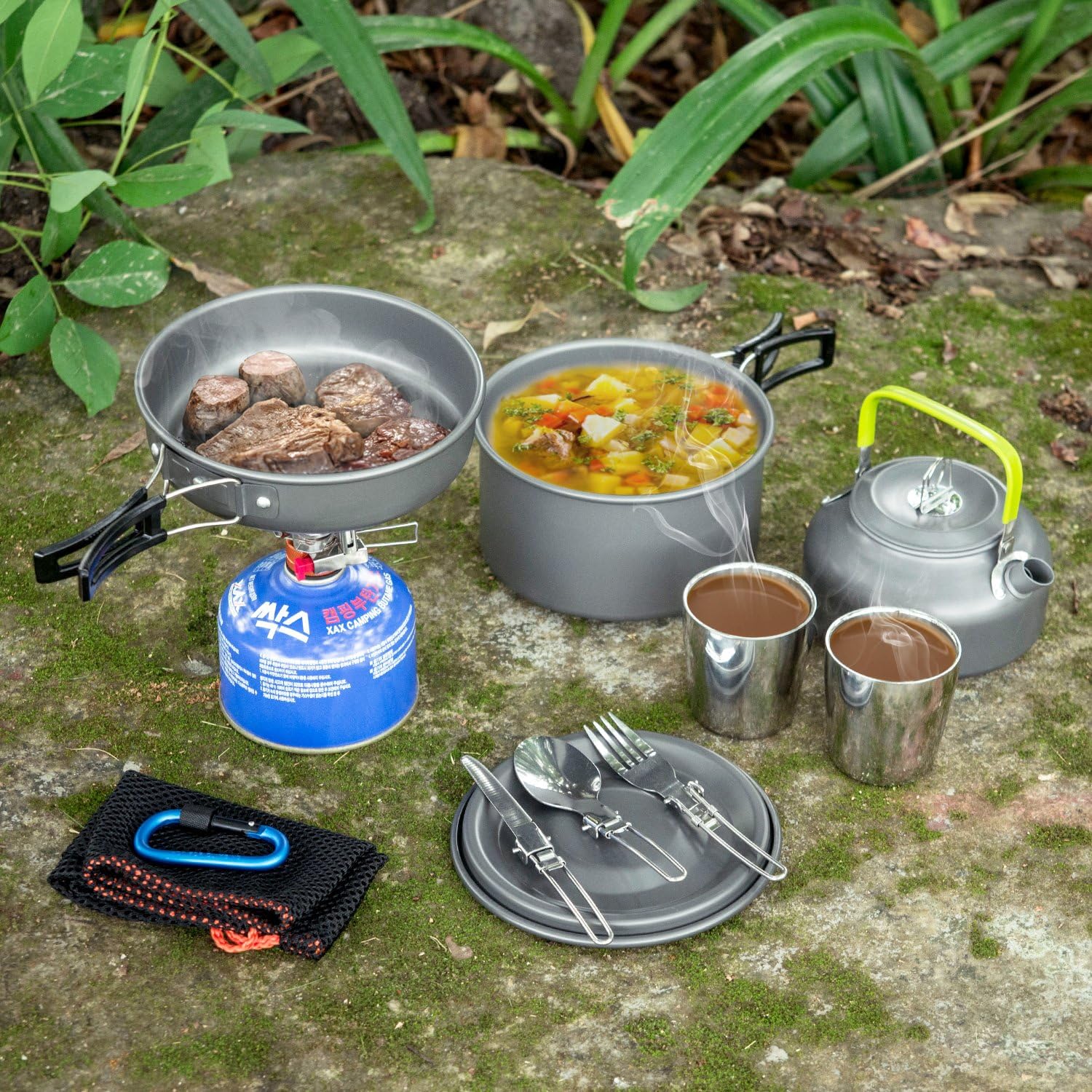 Thumbnail 6 de Odoland Geschirr-Set für 1–2 Personen – 10-teiliges Kochset fürs Camping (faltbare Griffe, Aluminium, Tragetasche)