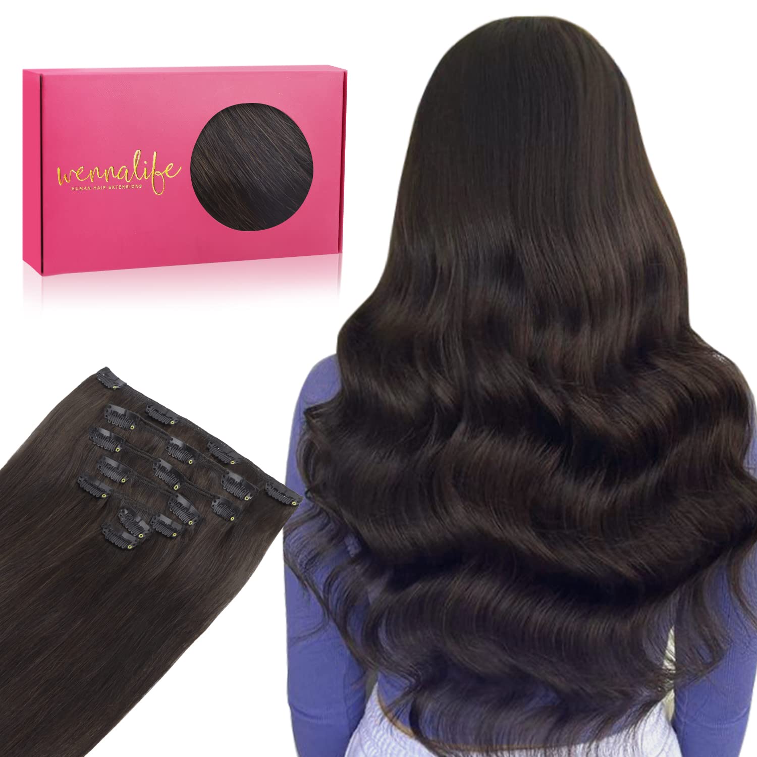WENNALIFE Clip-in Echthaar Extensions (70 g, 7 Strähnen à 55 cm) Dunkel Braun