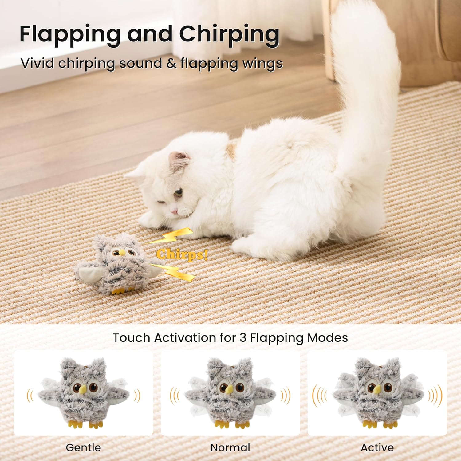Detalle 2 de ZOMISIA Interactive Cat Toys flapping bird & owl toy (touch activated, rechargeable, grey)