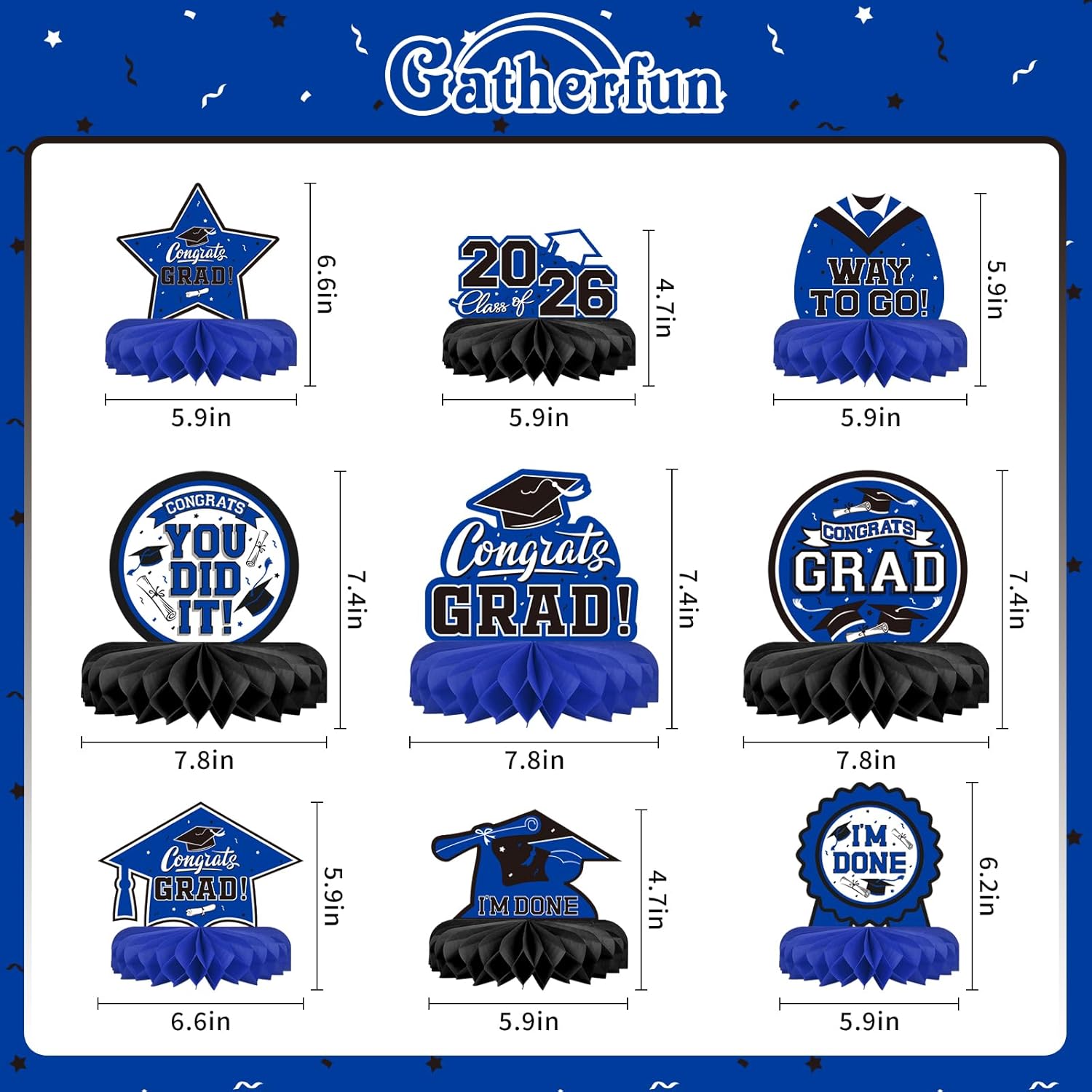 Detalle 2 de 9PCS Graduation Party Decorations Class of 2026 Honeycomb Table Centerpieces (Blue, Black)