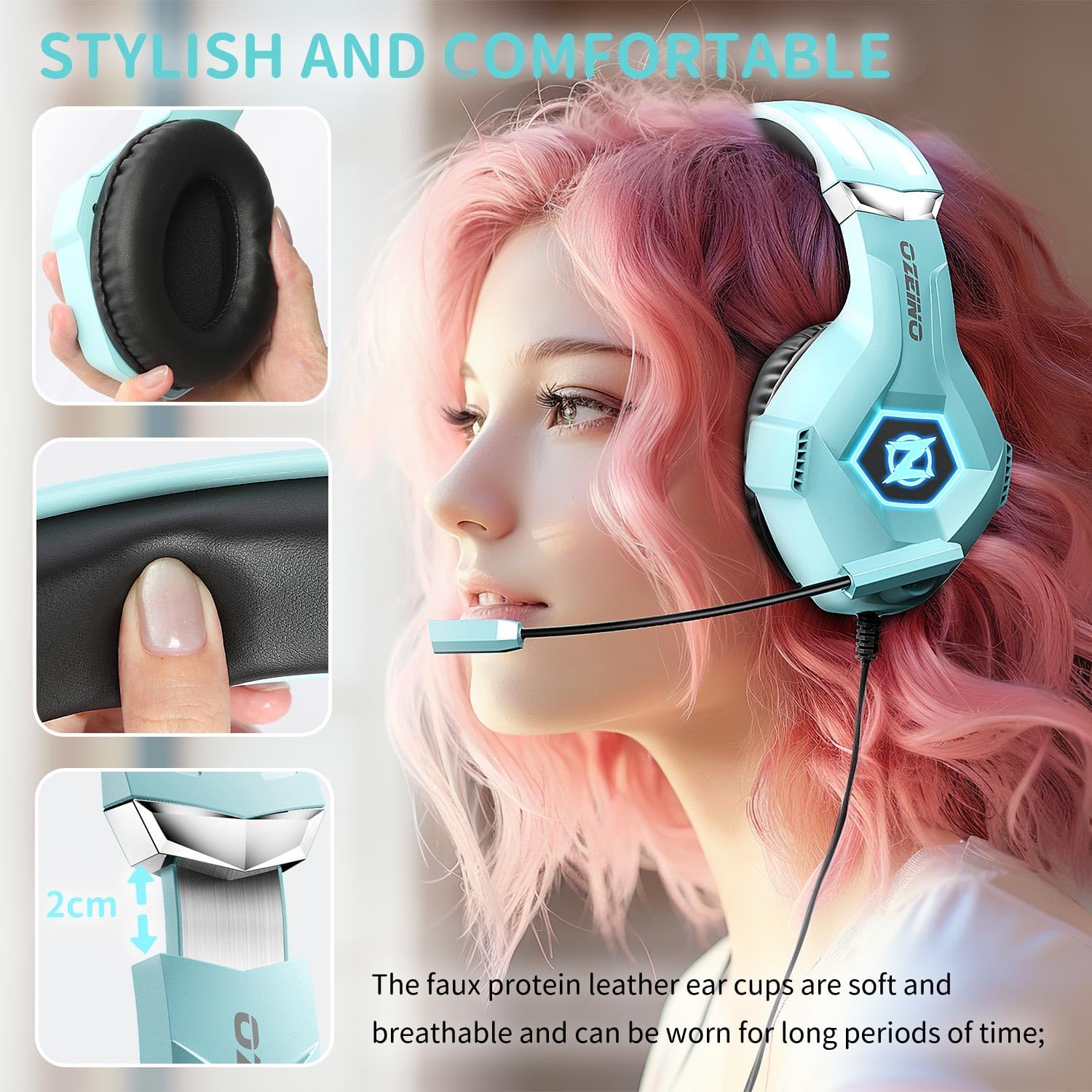 Detalle de Ozeino cuffie gaming con microfono, cancellazione del rumore e 3D surround per PS4, PS5 e PC (blu chiaro)