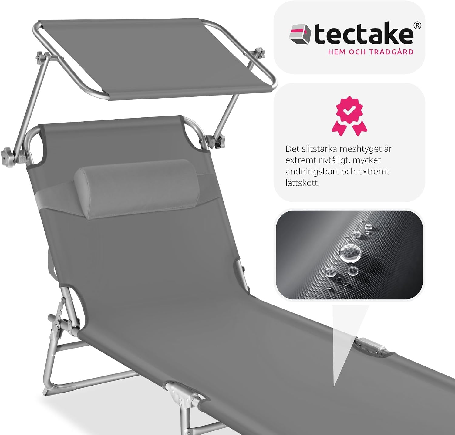 Detalle de tectake Chloé 403413 solstol – hopfällbar med solskydd och fyra rygglägen