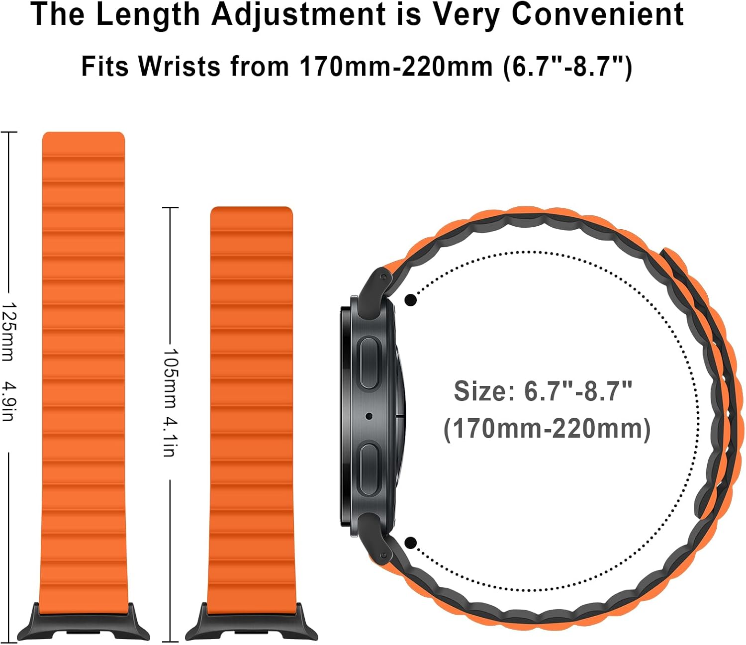 Thumbnail 3 de Anlinser Magnetic Silicone Strap for Samsung Galaxy Watch 8 / 8 Classic (44/40mm, 46mm) – Orange/Black