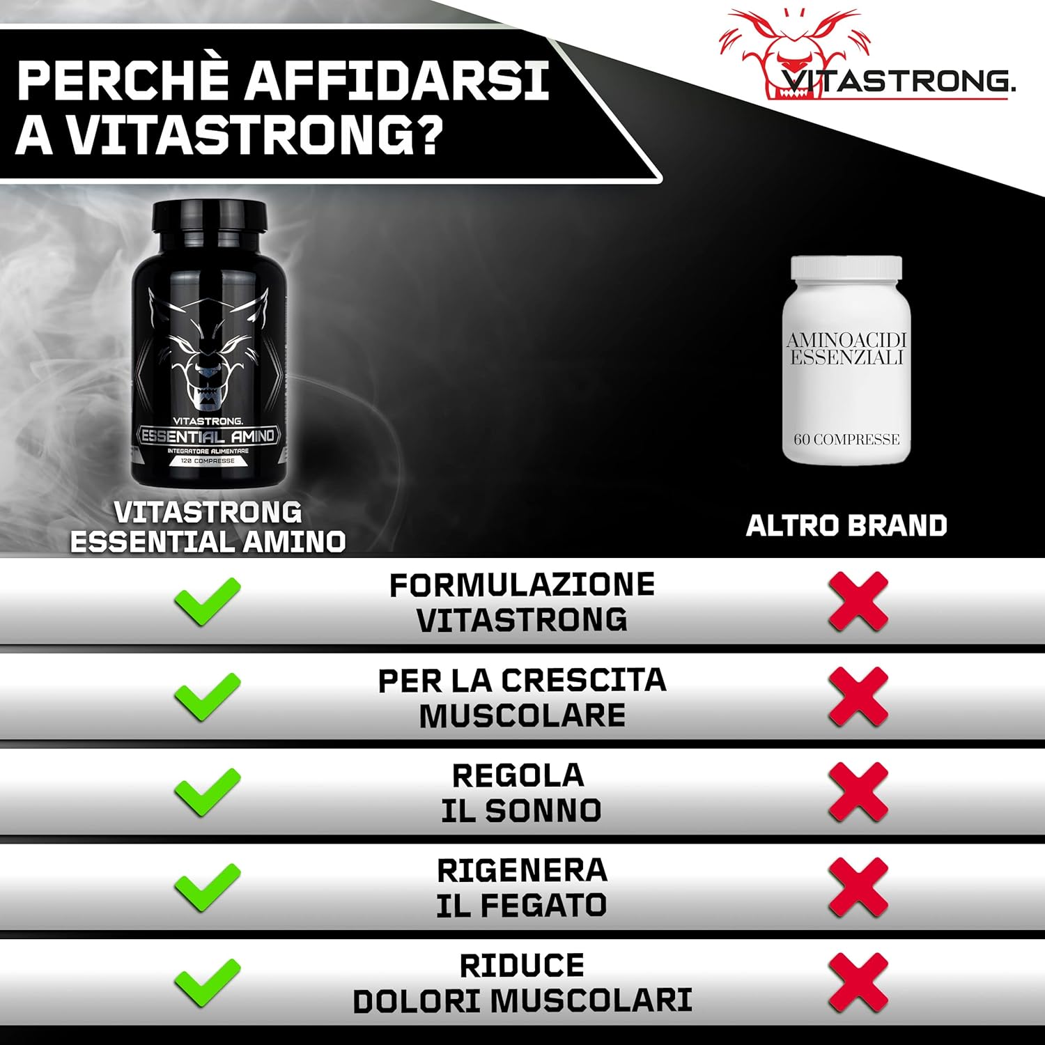 Thumbnail 2 de Aminoacidi essenziali EAA Vitastrong: 8 EAA con BCAA in 120 compresse per allenamenti
