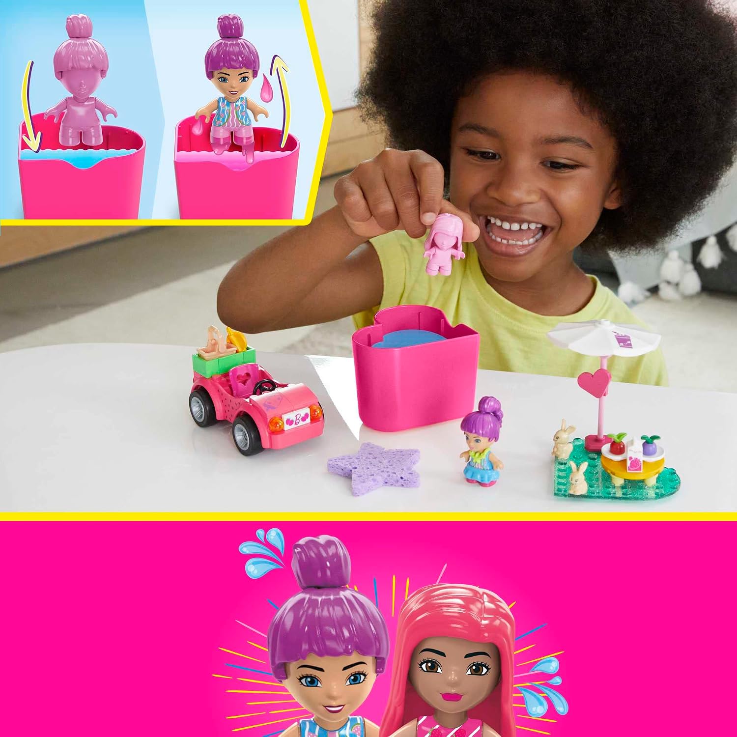 Detalle de MEGA Barbie Color Reveal HKF90 byggset med cabriolet och två mikrodockor