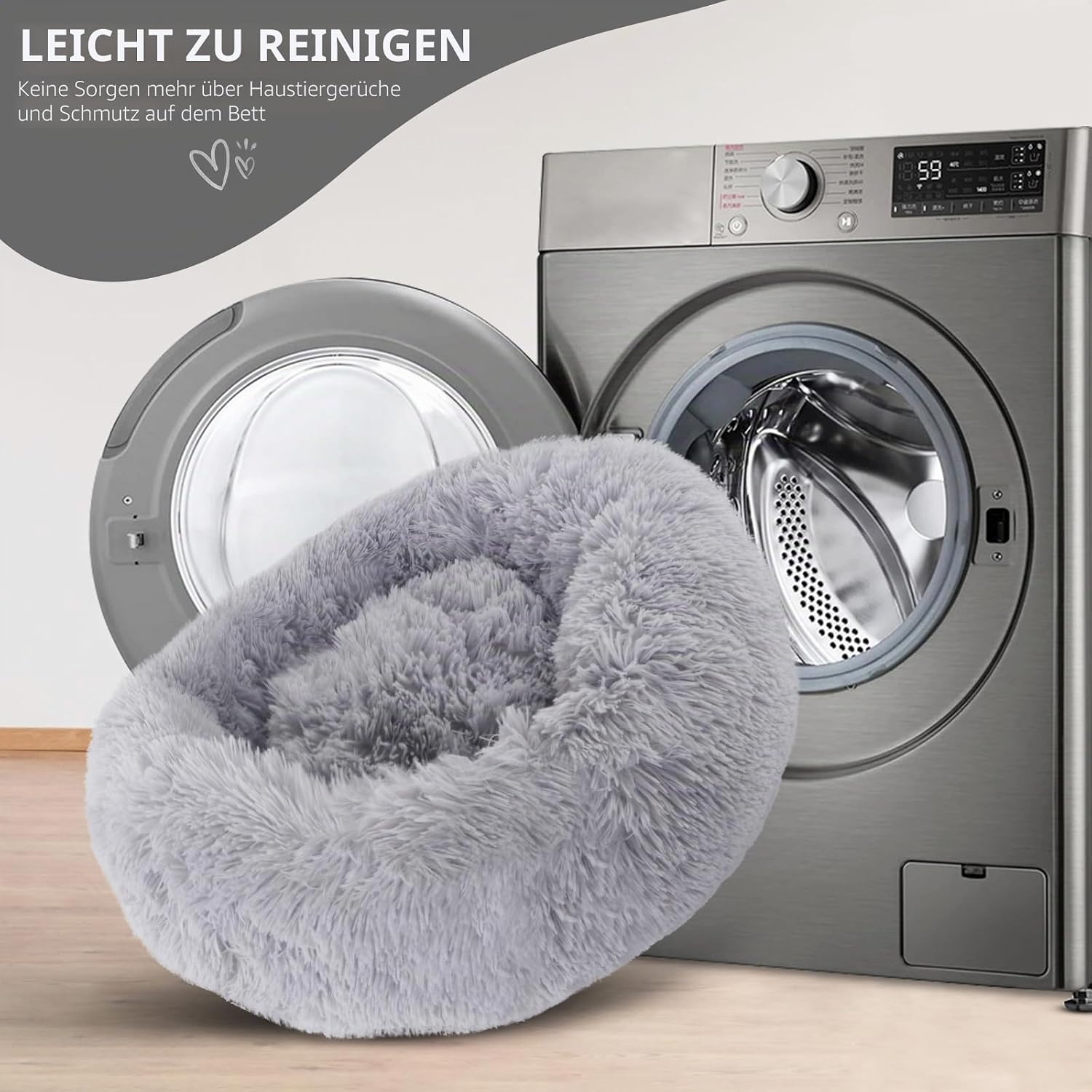 Thumbnail 6 de BVAGSS Rundes Hundebett/Katzenbett Donut – Flauschig, Waschbar, 50 cm Durchmesser, Hellgrau