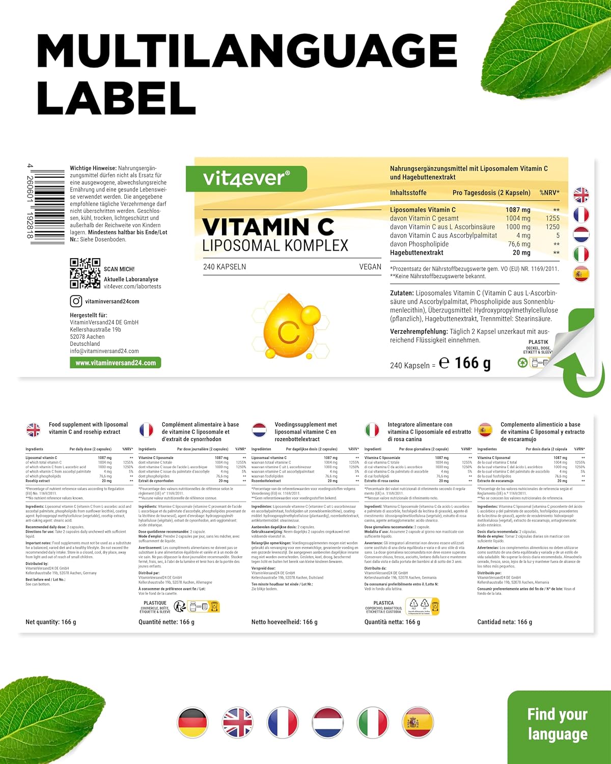 Detalle 2 de Vit4ever Liposomales Vitamin C – 240 vegane Kapseln (1000 mg/Tag) für eine hochdosierte Zufuhr