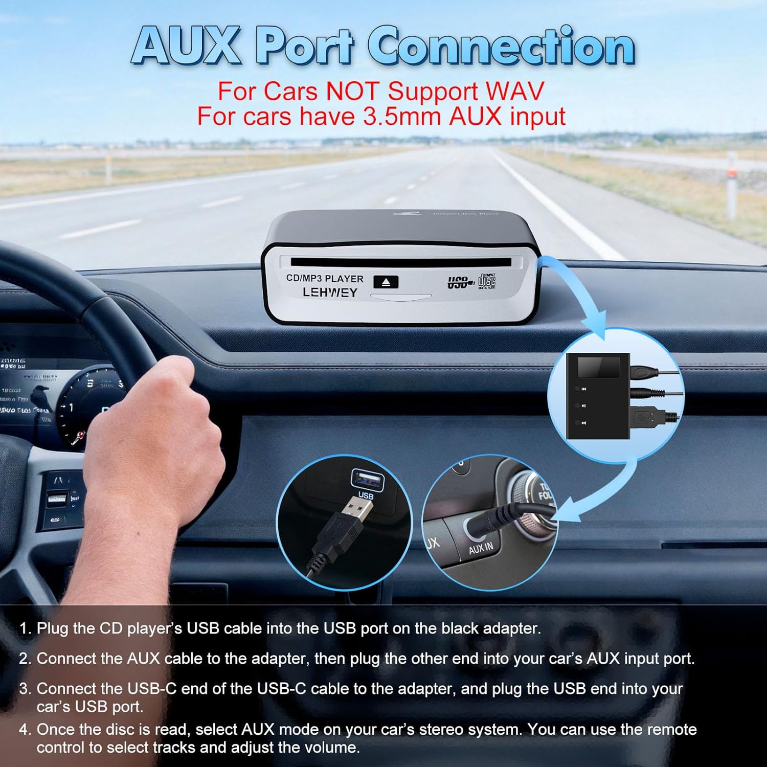 Detalle 2 de Lehwey SX-2800A USB CD Player for Cars with AUX, FM and Anti-Skip