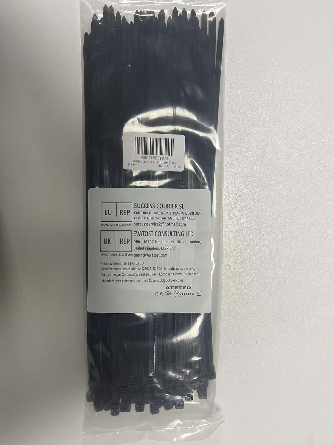 Detalle de ATETEO Schwarze Kabelbinder 300 mm x 4,8 mm – 100 Stück, Premium-Nylon, Selbstsperrmechanismus
