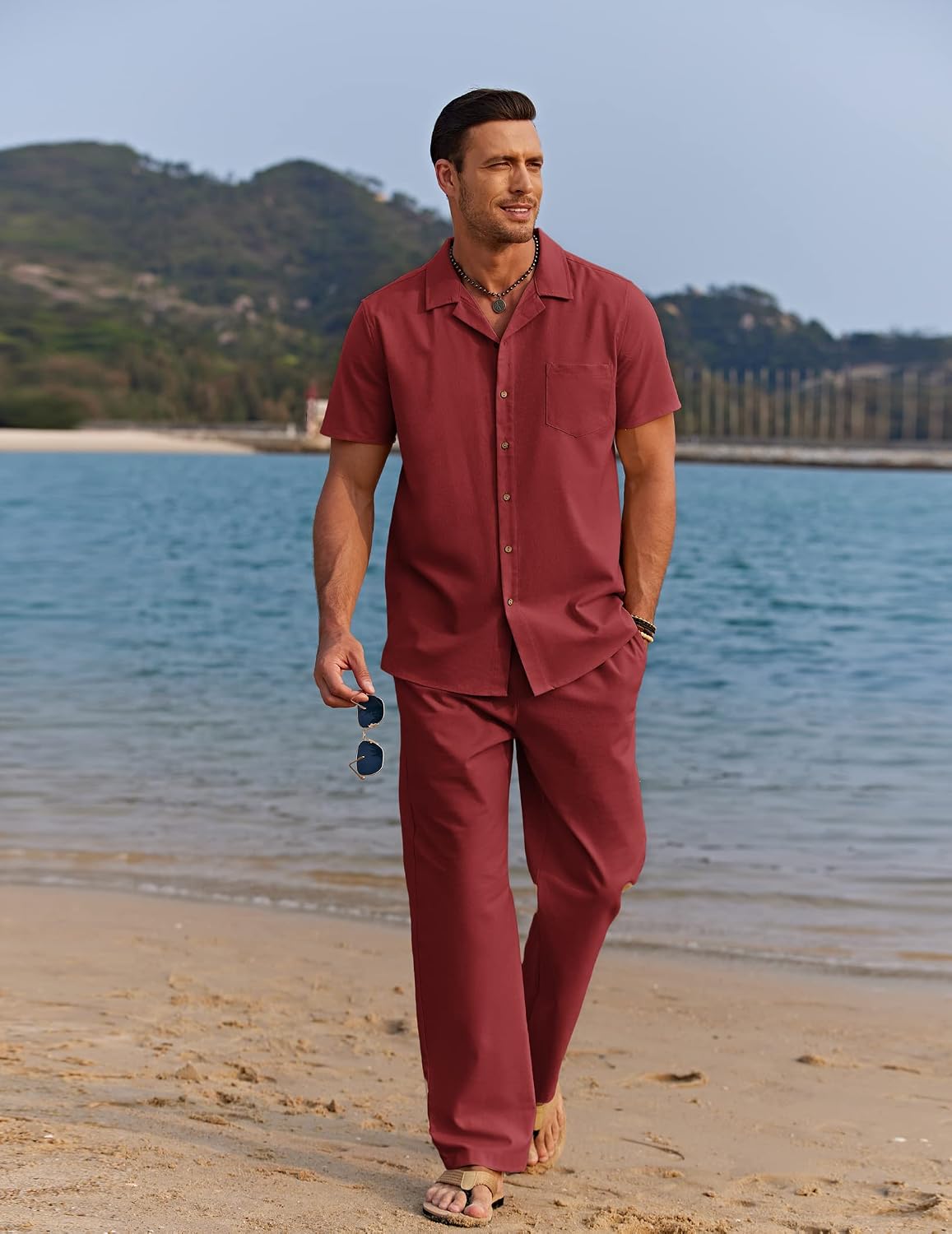 Detalle de COOFANDY ZTJ008586 Men’s Linen-Blend Beach Set with Camp-Collar Shirt