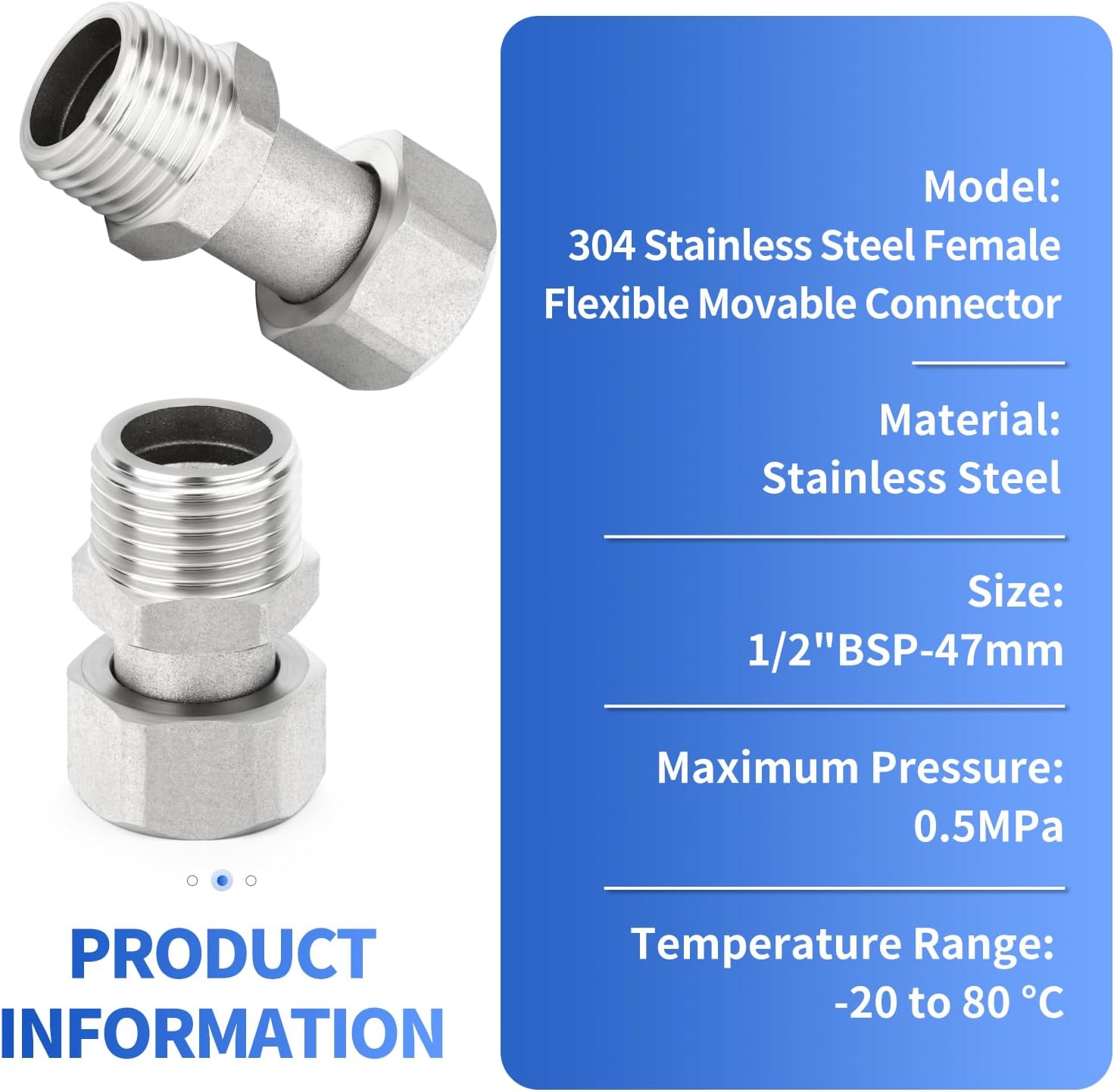 Thumbnail 3 de ERGAOBOY 2Pcs 47mm 304 Stainless Steel Flexible Movable Connector — 1/2" BSP Female & Male for Sprayer, Angled Valve, Shower Arm