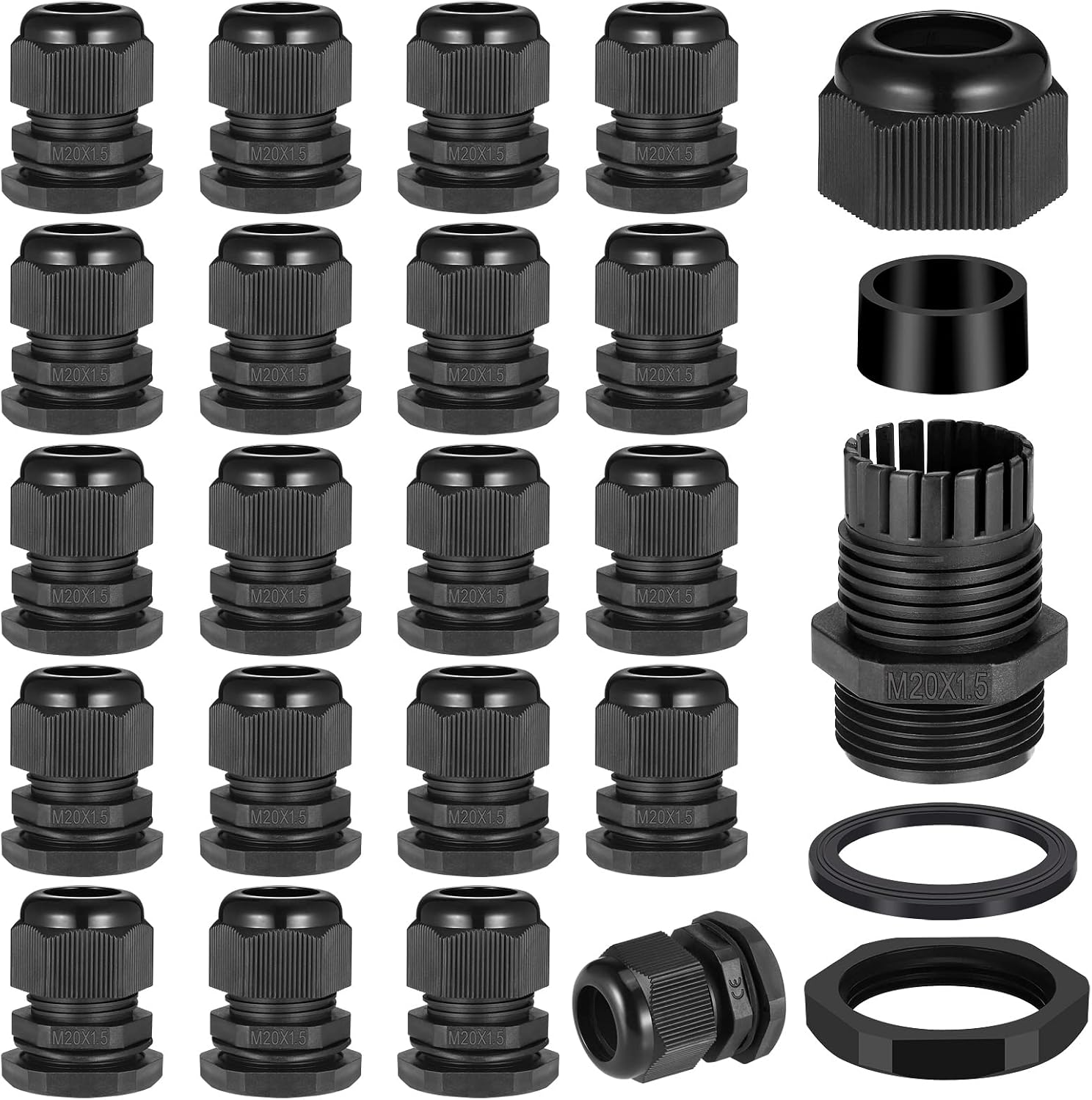Detalle de Zocipro M20 kabelgenomföringar, 20-pack för 6–12 mm kabel, IP68, svart