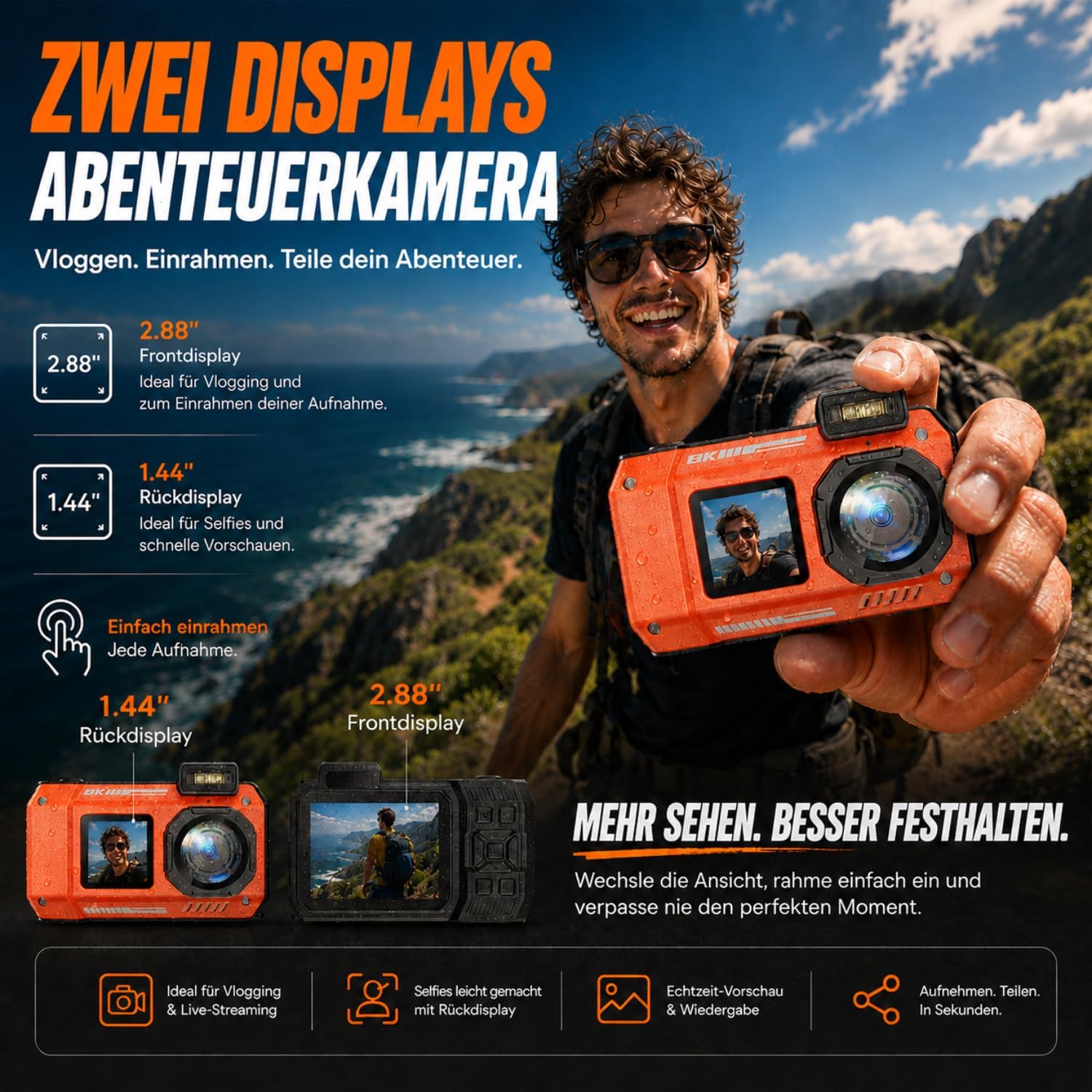 Detalle de Maxmango D50 8K Unterwasserkamera – 33FT Tiefenfest, 70MP, Doppelbildschirm, 2500mAh, 18x Zoom, 16GB inkl. orange