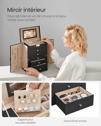 Detalle de SONGMICS Boîte à Bijoux 6 Niveaux JBC152B01 – Écrin avec Miroir, 4 Rangées de Crochets et Verrouillage