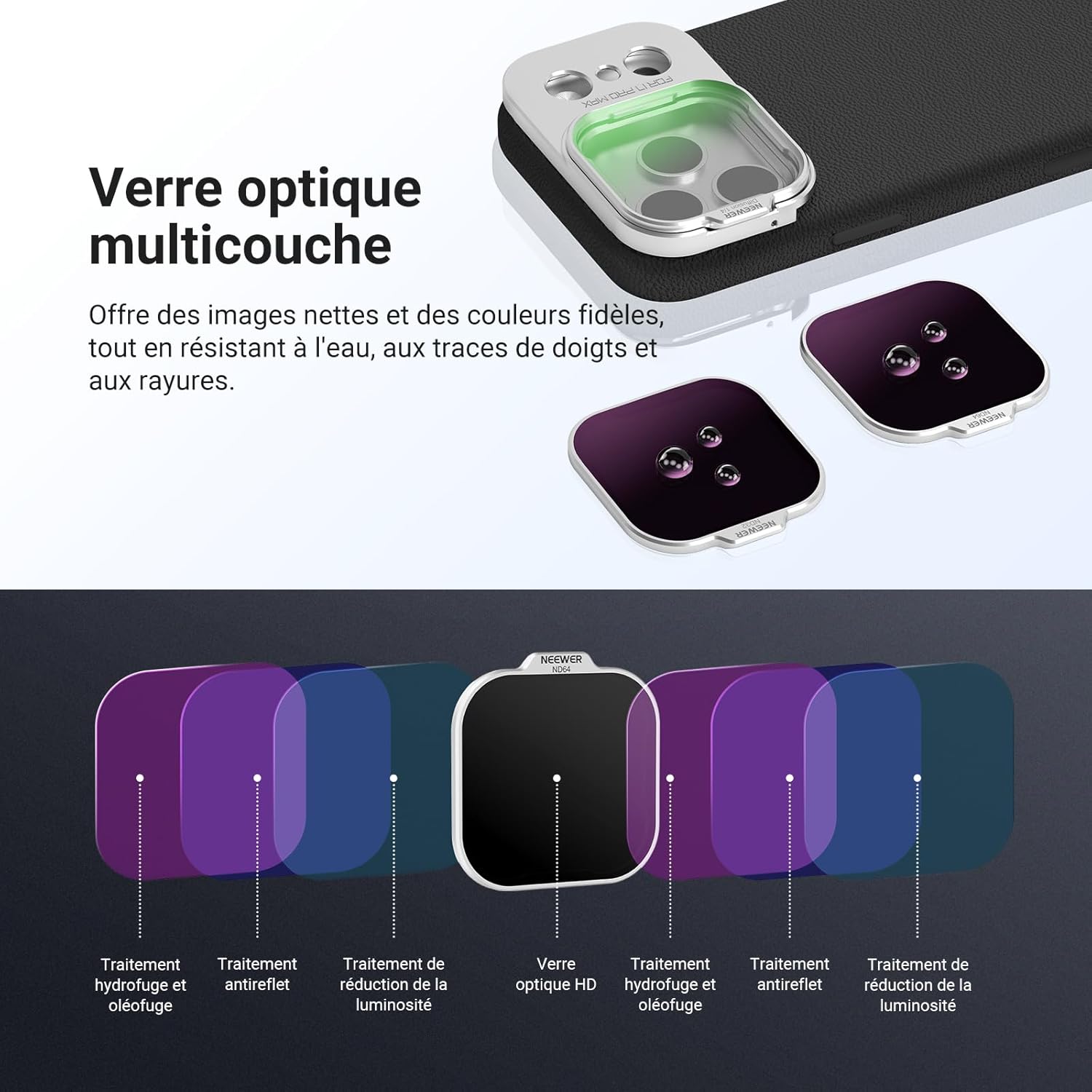 Thumbnail 5 de NEEWER Kit de filtres ND pour coque de téléphone PA134 (compatible iPhone 17 Pro Max) : ND8/16/32/64 + diffuseur 1/4