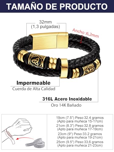 Detalle de Bandmax Pulsera Viking de Cuero Trenzado para Hombre 23 cm con Doble Capa, Cuentas de Acero Inoxidable y Cierre Magnético