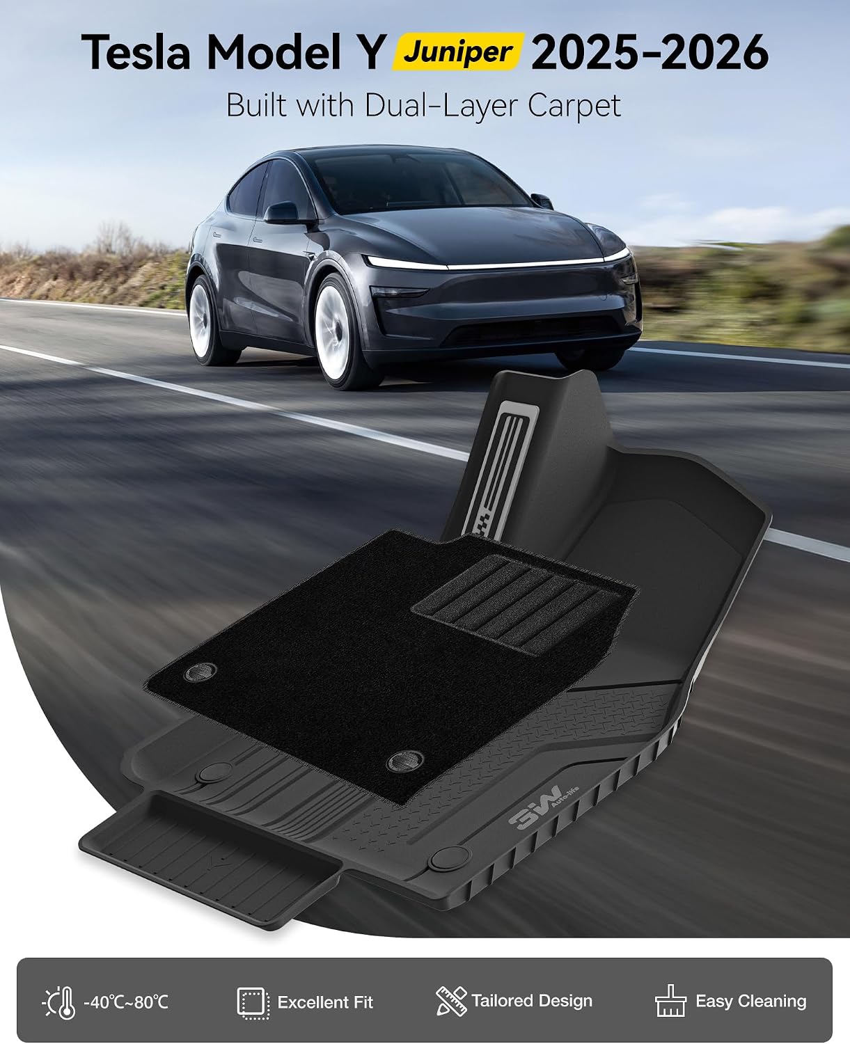 Thumbnail 1 de 3W 2-Layer Floor Mats & Boot Liner for 2025–2026 Tesla Model Y Juniper