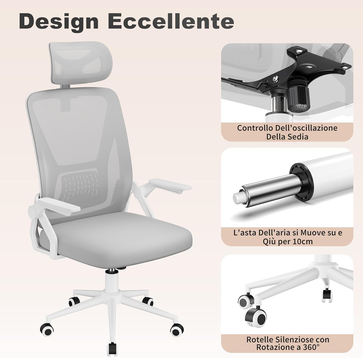 Thumbnail 6 de Naspaluro Sedia da Ufficio con Braccioli Ribaltabili e Poggiatesta: Ergonomia, Versatilità e Comfort per la Scrivania