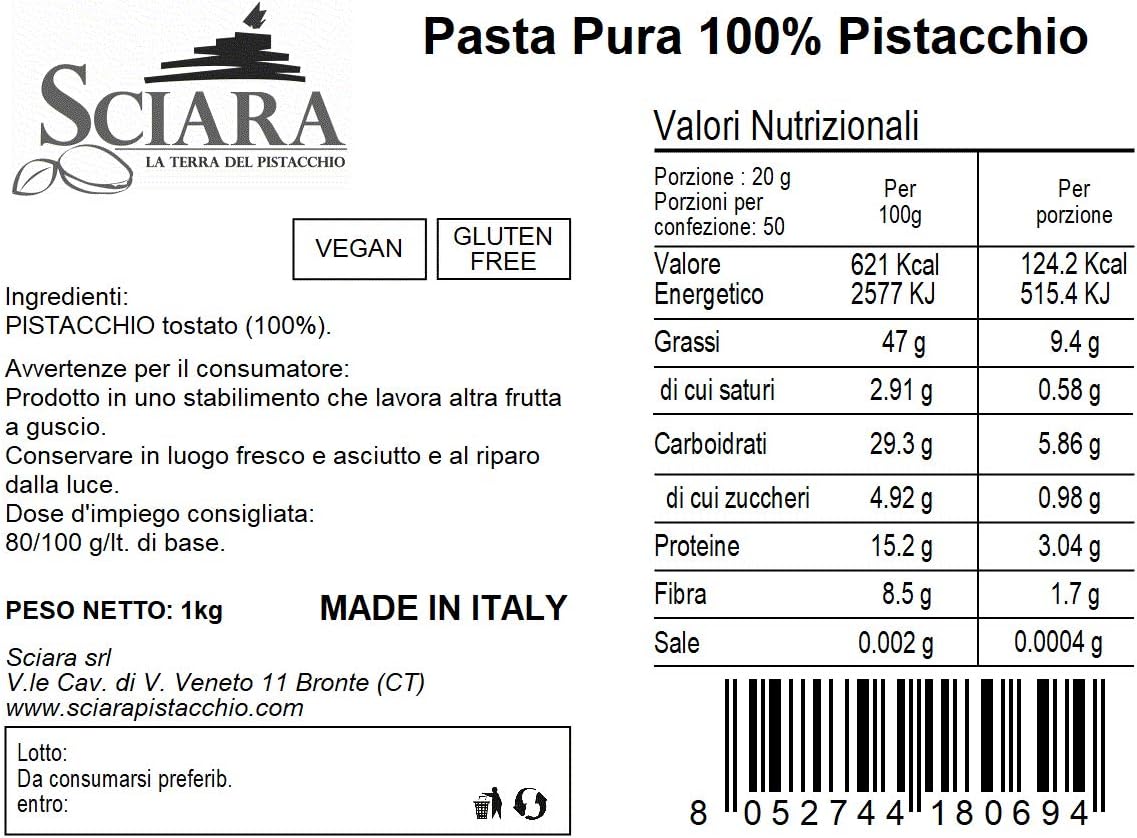 Detalle 2 de Sciara Crema di Pistacchio 100% Pura Senza Zucchero, Lattosio e Glutine (1 kg)