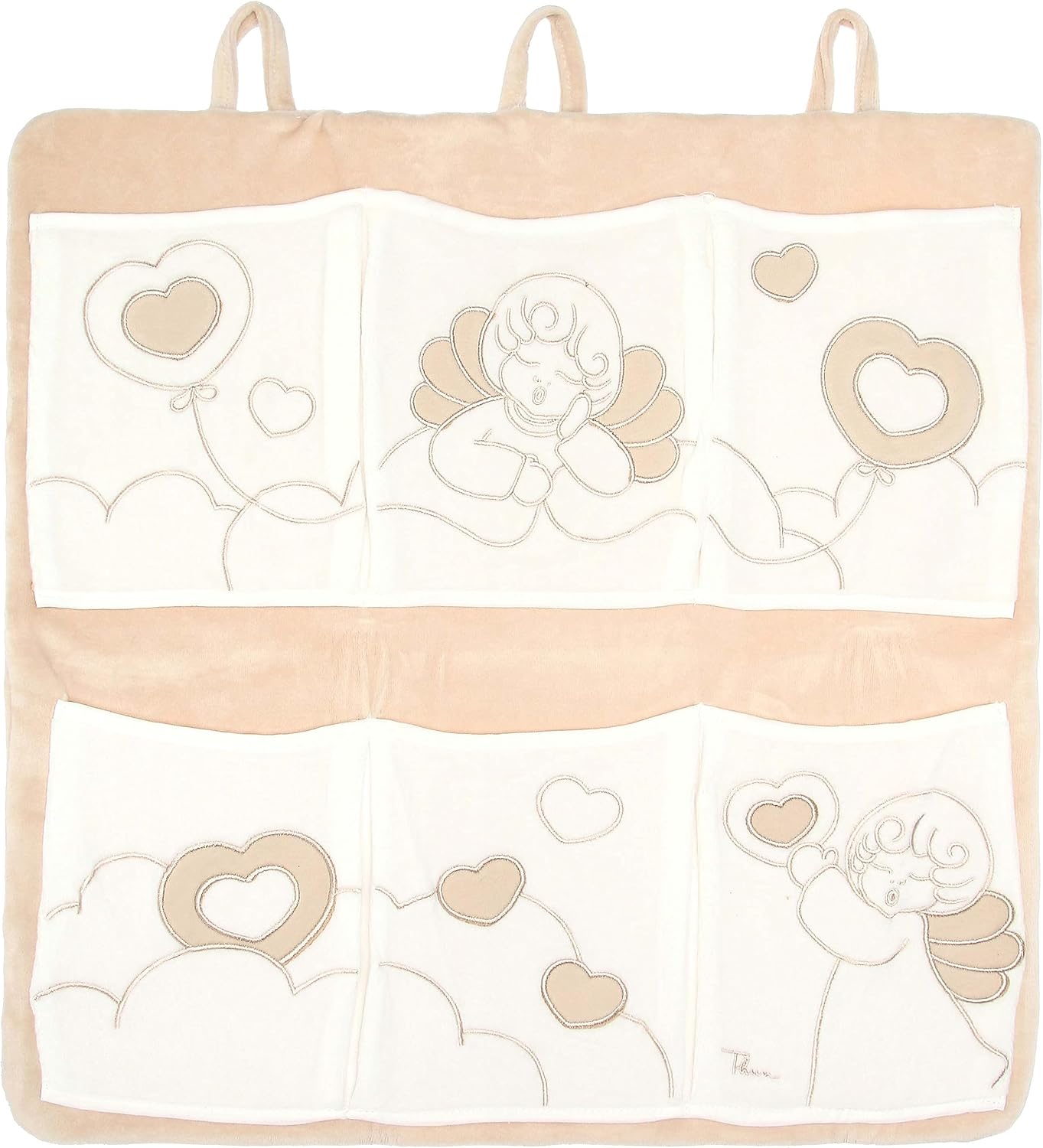 Detalle de THUN Tasca Porta Oggetti Decorata con Angeli in Cotone e Poliestere – Linea Baby, 50.5×50.5 cm