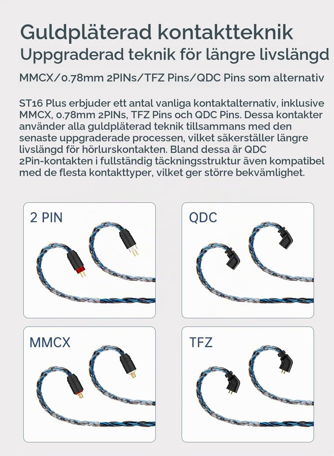 Detalle de KBEAR ST16 Plus IEM-kabel, 2-polig, 3,5 mm, 16-trådig och svartblå