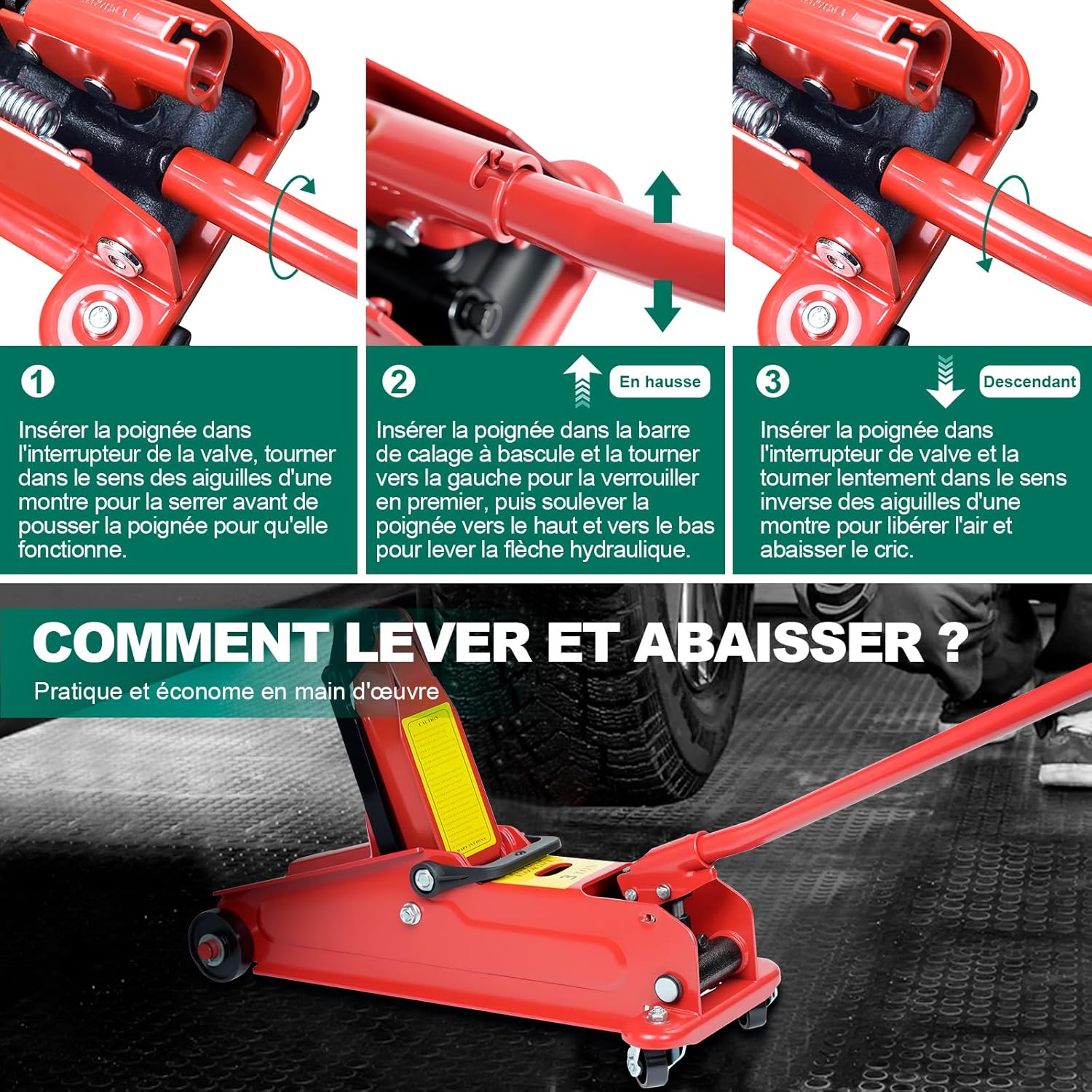 Thumbnail 4 de HYCHIKA Cric hydraulique 3T professionnel avec roue pivotante 360° — levage 135 à 370 mm