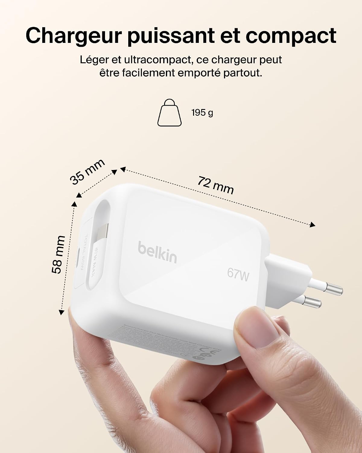 Detalle de Belkin Chargeur USB-C GaN 67 W avec câble rétractable 1 m – PD PPS et charge simultanée