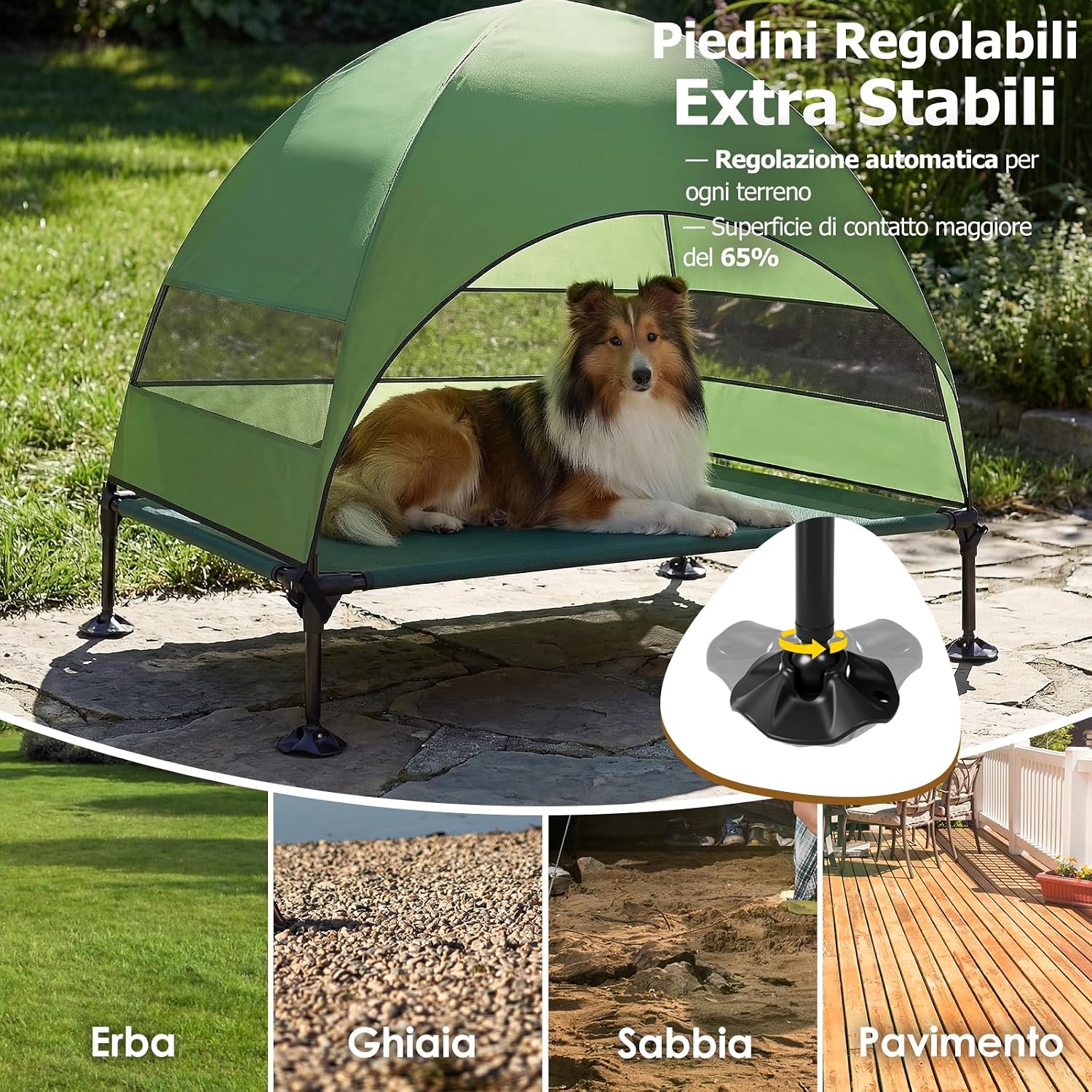 Detalle de Cuccia rialzata per cani da esterno con tetto verde (L) – stabile, ombrosa e pieghevole