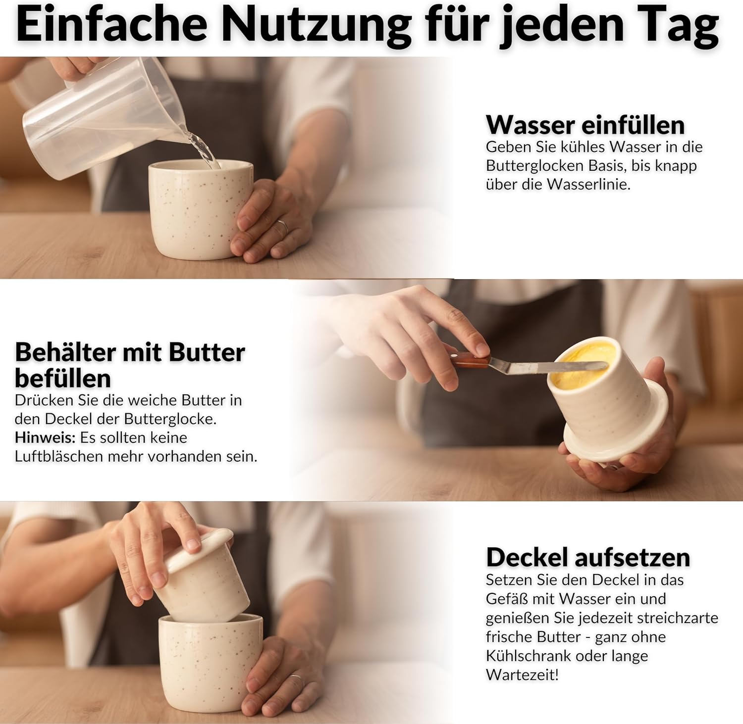 Detalle de DEKAZIA Französische Butterdose wassergekühlt (Butterglocke) für 250 g – Keramik mit Wasserrahmen