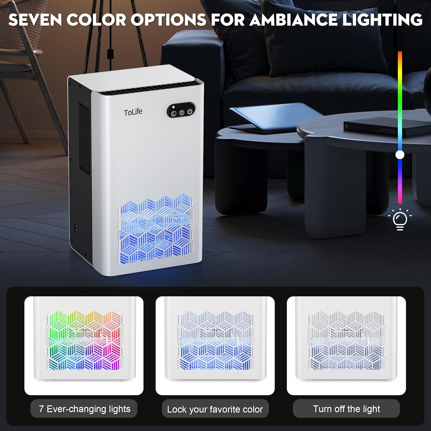 Detalle de ToLife Home Dehumidifier (1000 sq.ft) with 95 OZ Tank, Auto Shut Off, 7-Color LED Light