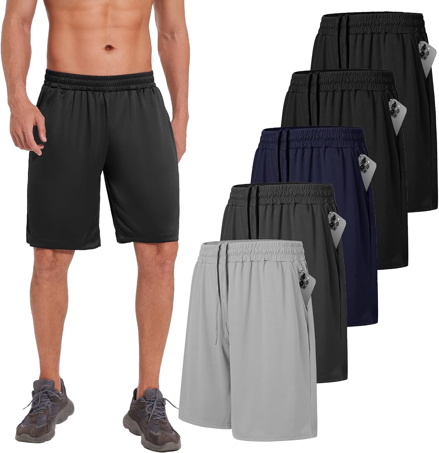 Detalle de AKKQHH 5er-Pack Sporthose Herren – Kurz, atmungsaktiv, mit Taschen