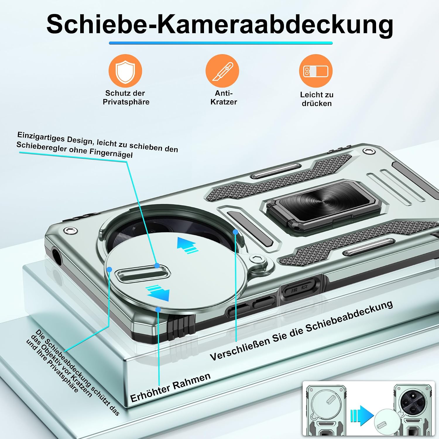 Detalle de Jshru Hülle für Xiaomi Redmi 14C / Poco C75 – Kameraschutz Slide, 360° Metallständer, zwei Schutzfolien, Militär-Grad Stoßfest, Alpengrün