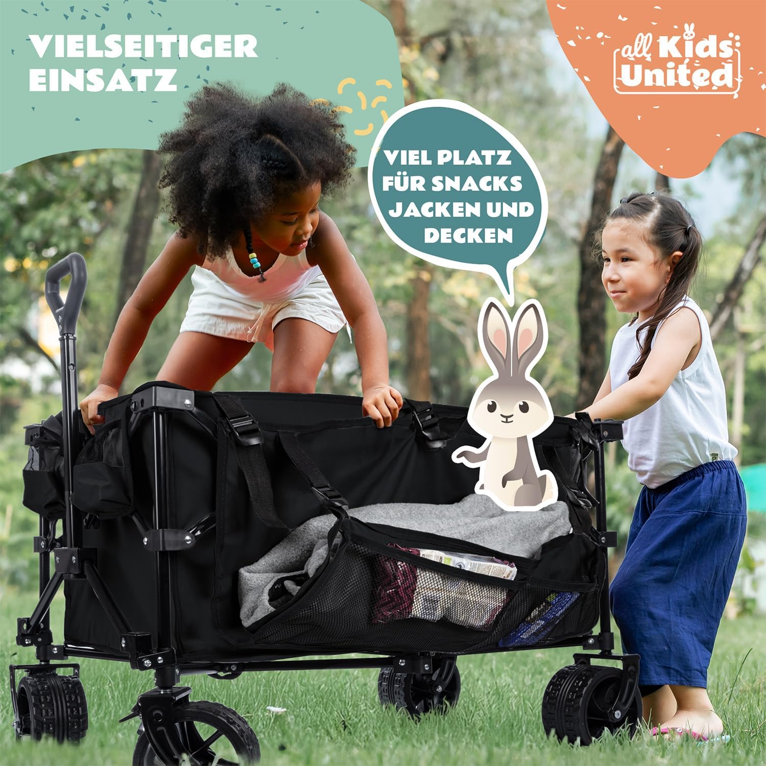 Thumbnail 4 de Faltbarer Bollerwagen Transportkarre (Strand-Buggy bis 90 l, 150 kg) mit XXL Geländerädern, Bremse & verstellbarem Griff – Schwarz