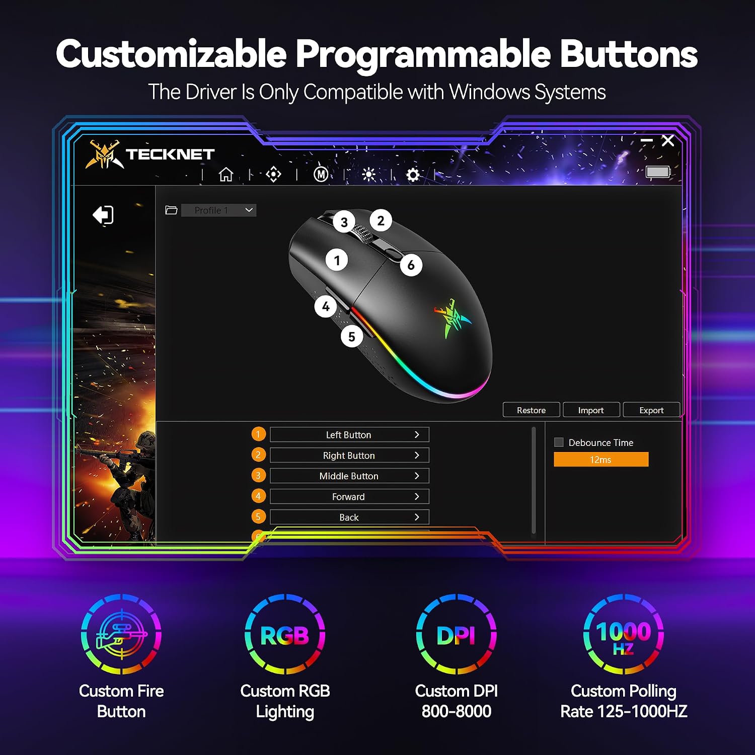 Detalle 2 de TECKNET TK-GM001 Wireless Gaming Mouse, 8,000 DPI, USB-C, RGB, 6 Buttons