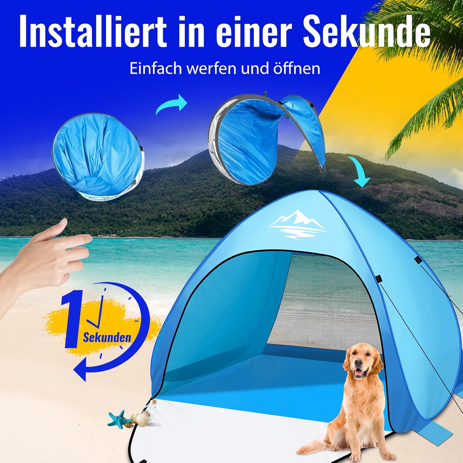 Detalle 2 de Strandmuschel Pop Up Strandzelt 3-4 Personen – UV-Schutz 50+, Windstabil, schnell aufgebaut