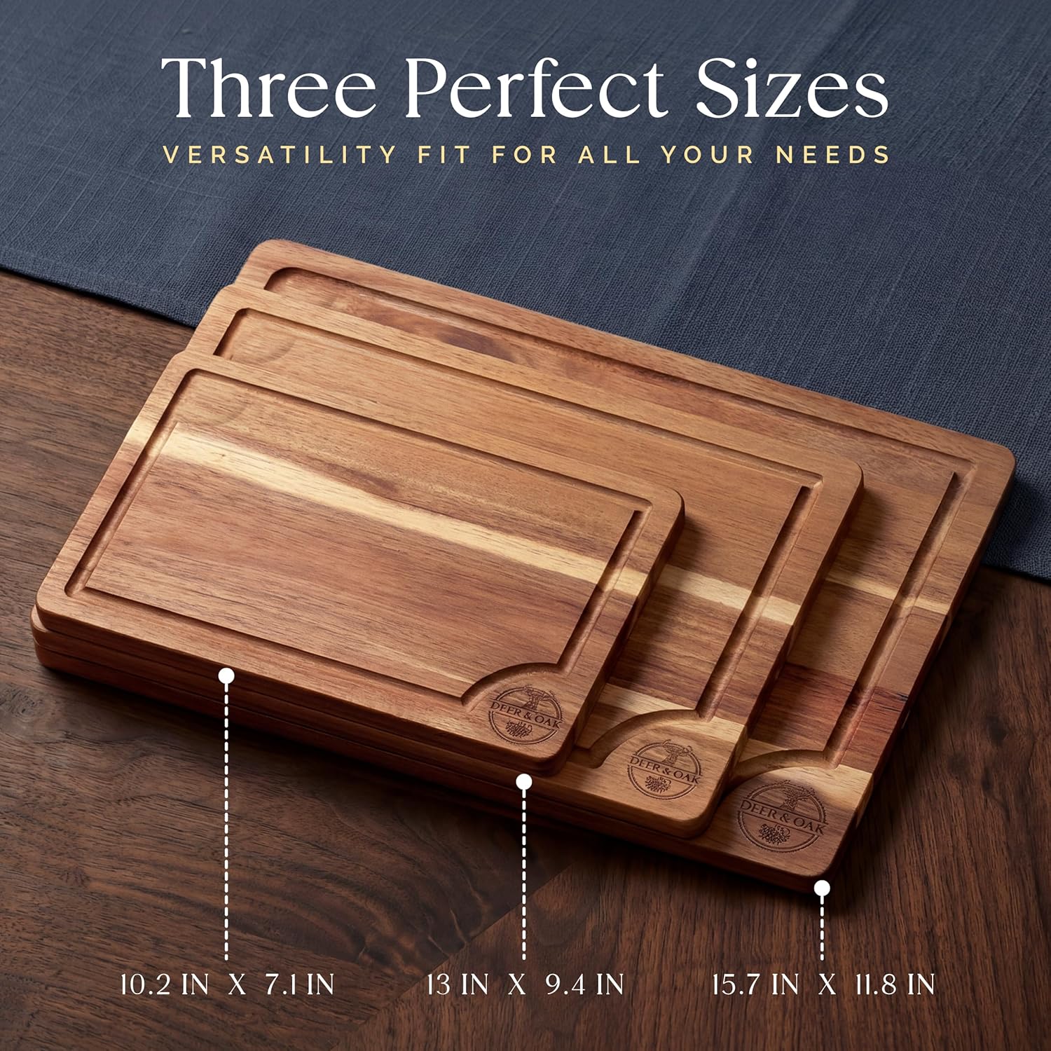 Detalle de Pre-Oiled 3-Piece Acacia Cutting Board Set with Stand (FSC Certified) + 3.4 fl oz Board Oil