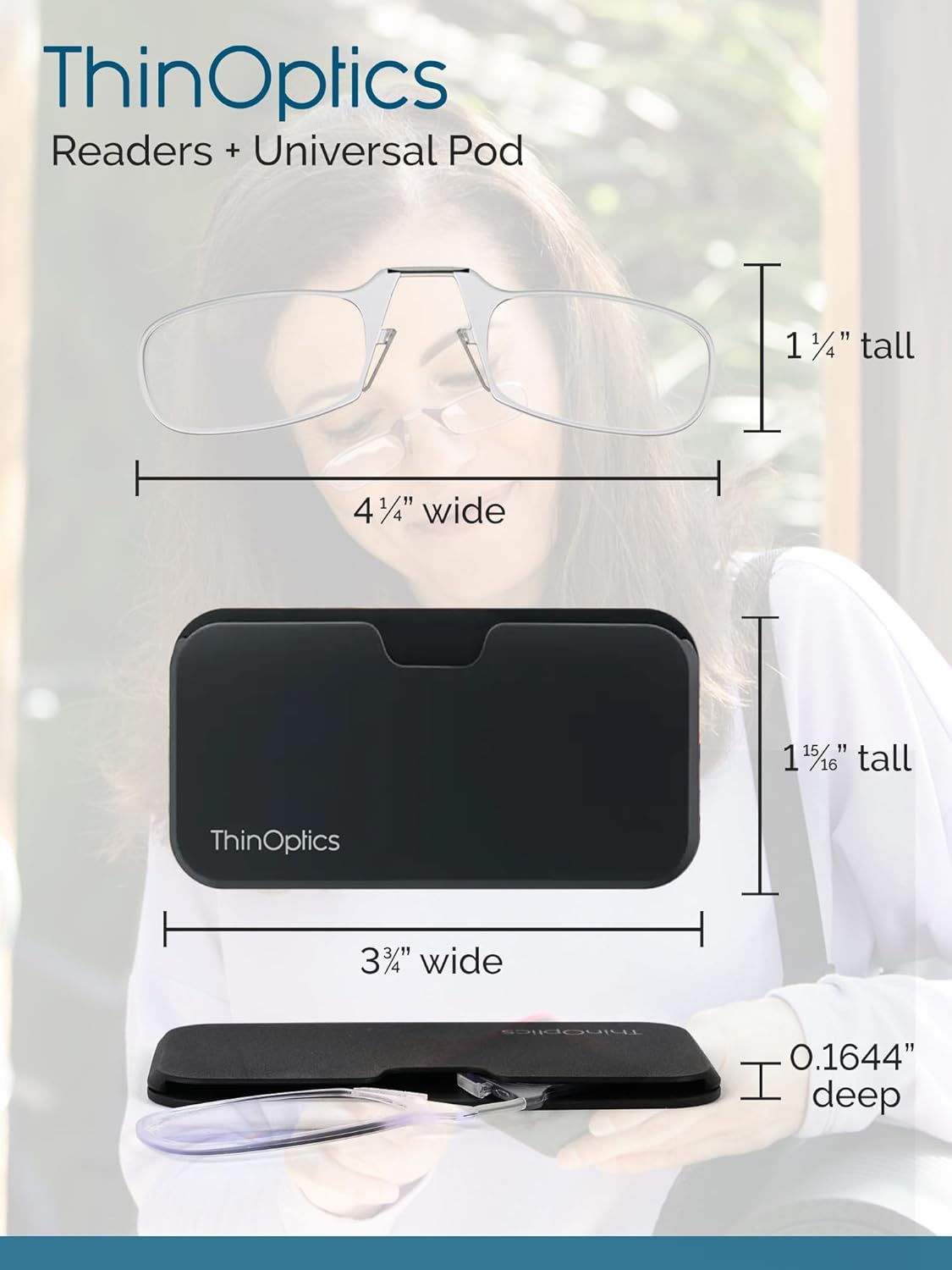Detalle de ThinOptics Reading Glasses + Black Universal Pod Case (2.00) – Slim, Portable Readers