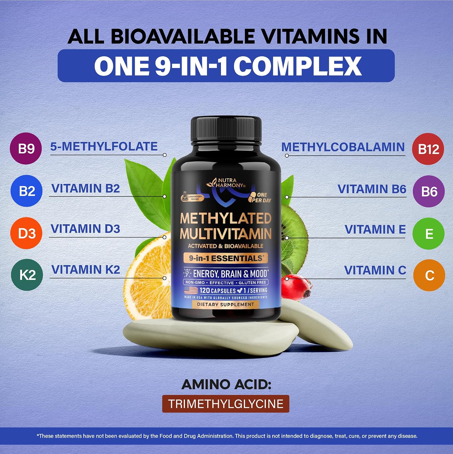 Thumbnail 6 de NUTRAHARMONY 9-in-1 Methylated Multivitamin, 120 Capsules with TMG, 5MTHF & B12