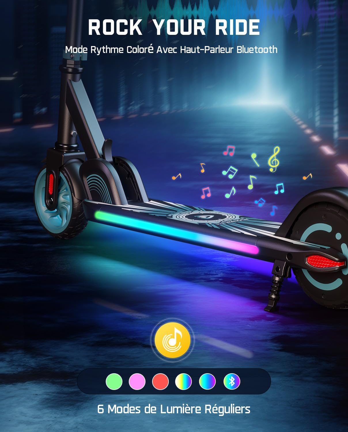 Detalle de FanttikRide C9 Apex trottinette électrique enfant (1,2–1,6 m) Bluetooth, lumières arc-en-ciel, 8/13/16 km/h