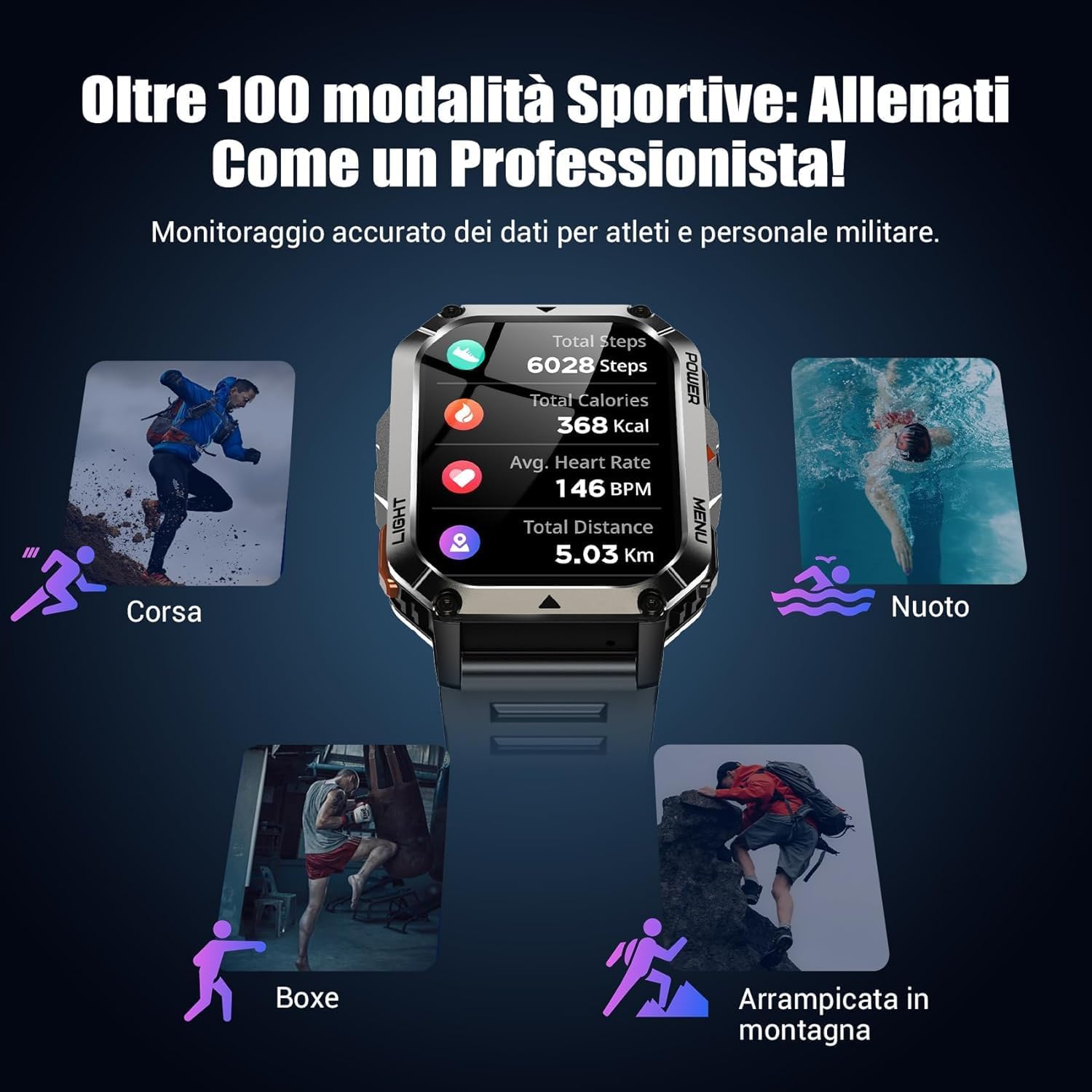 Thumbnail 4 de IOWODO Smartwatch Uomo Militare 2.01” IP68 con Bluetooth, torcia LED e 123 modalità sportive