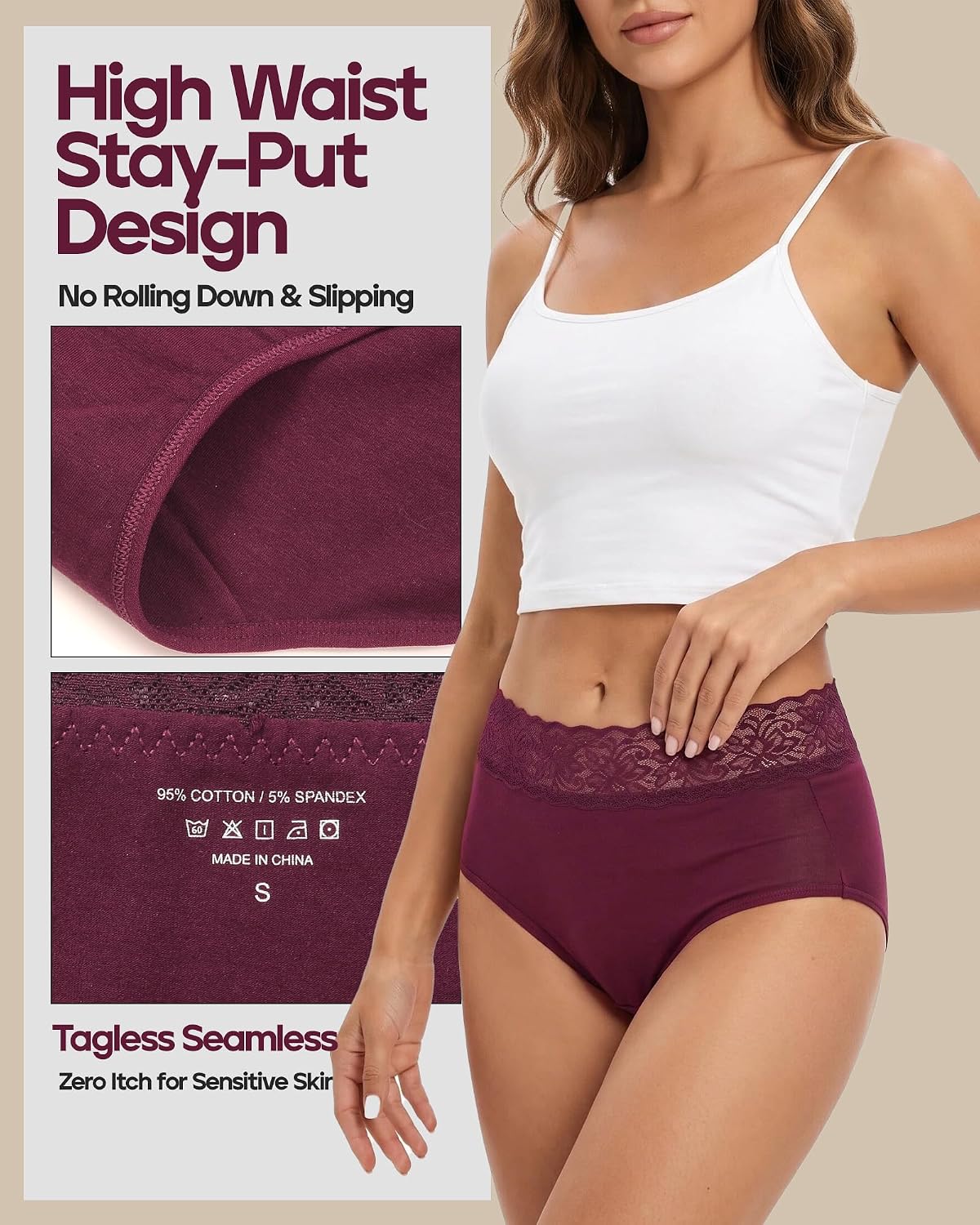 Detalle 1 de ALTHEANRAY High-Waisted Cotton Lace Panties, Full-Coverage Brief