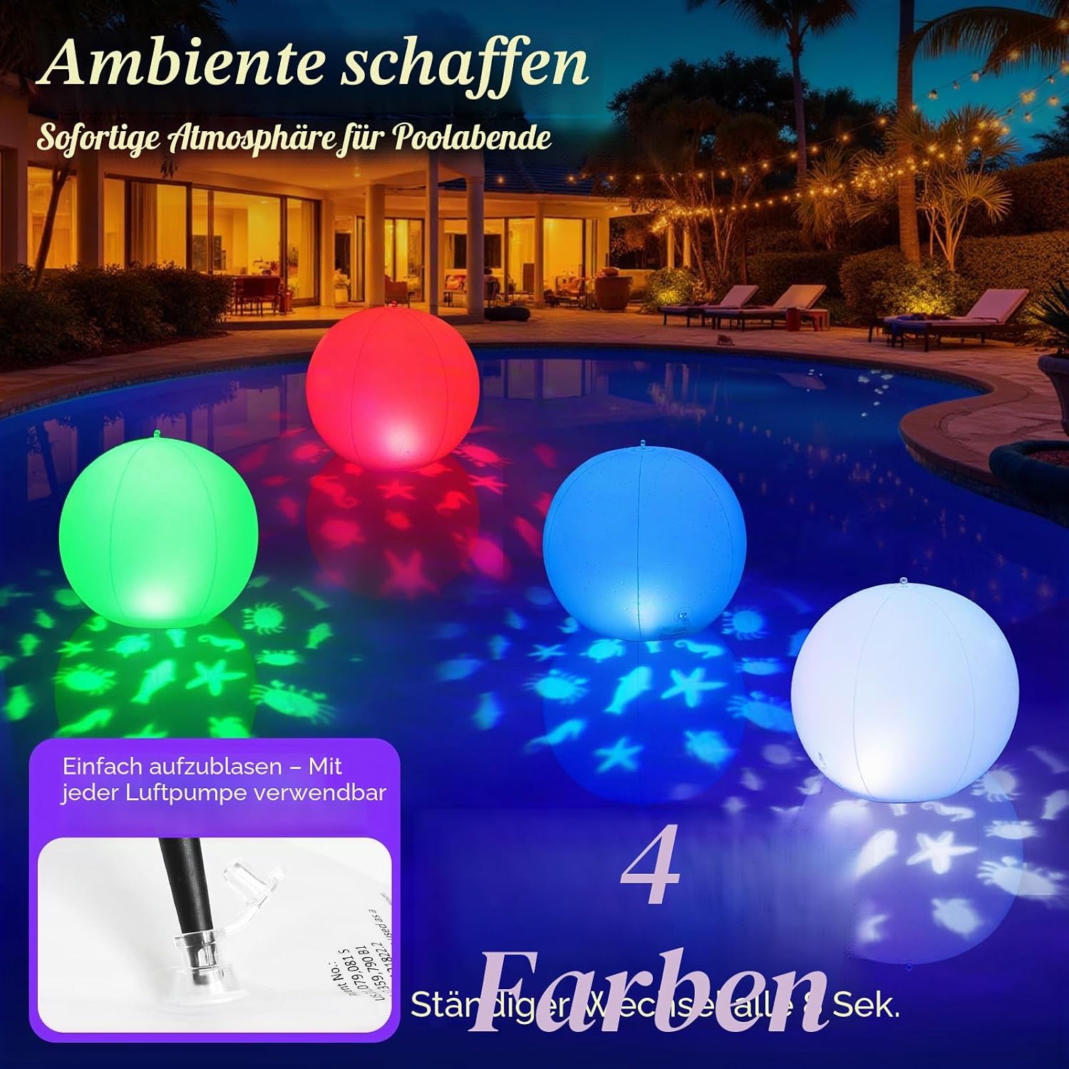 Detalle de Luxfero Schwimmende Solar-Poolbeleuchtung – aufblasbare Leuchtkugel, IP68, 2er-Set